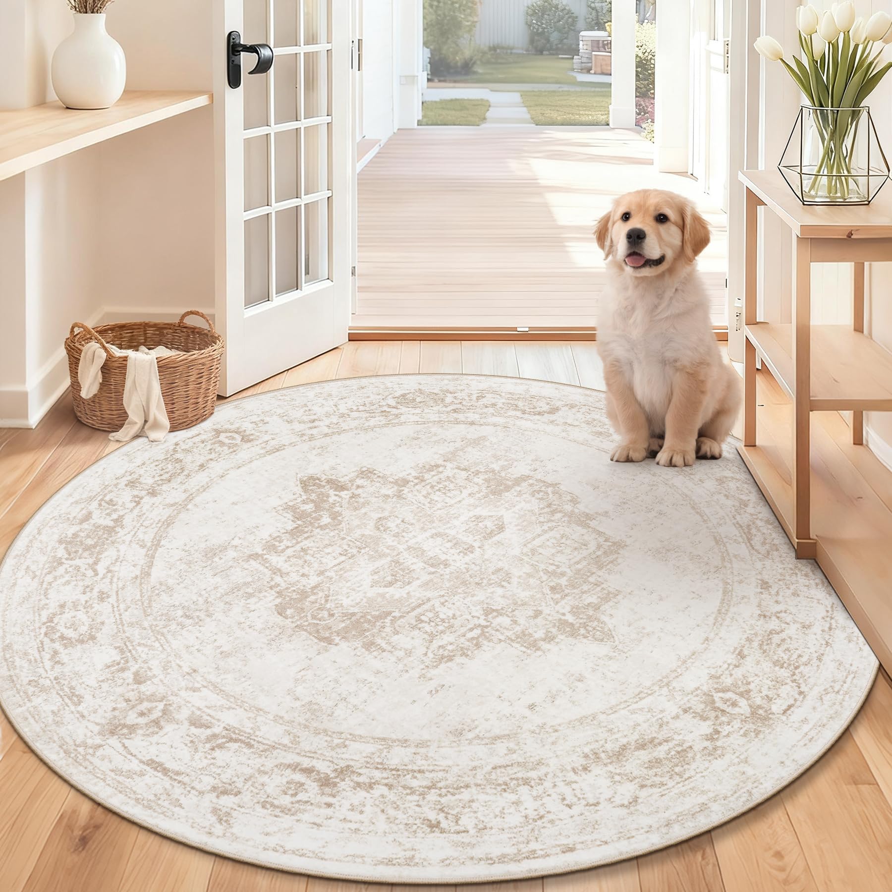 Photo 1 of Round Rug 4ft Vintage Rugs: Small Washable Circle Rug Distressed Non Slip Circular Carpet for Living Room Bedroom Kitchen Home(Beige, 4' Round)