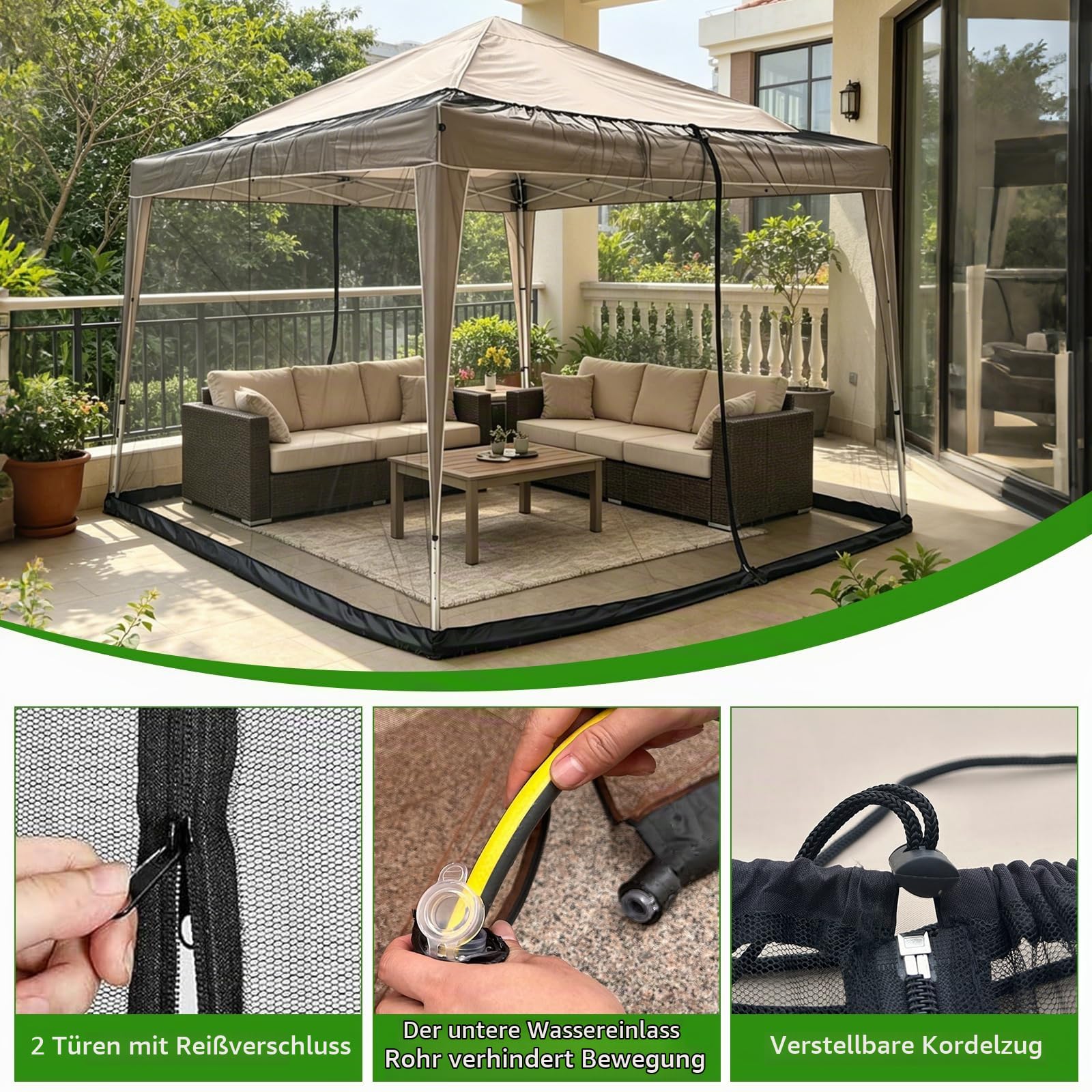 Moskitonetz für Pavillon 3x3 m, Insektenschutz Gazebo mit 2 Reißverschlusstüren & wasserbefüllbarem Standfuß, Fliegengitter Verstellbar für Garten, Terrasse & Camping
