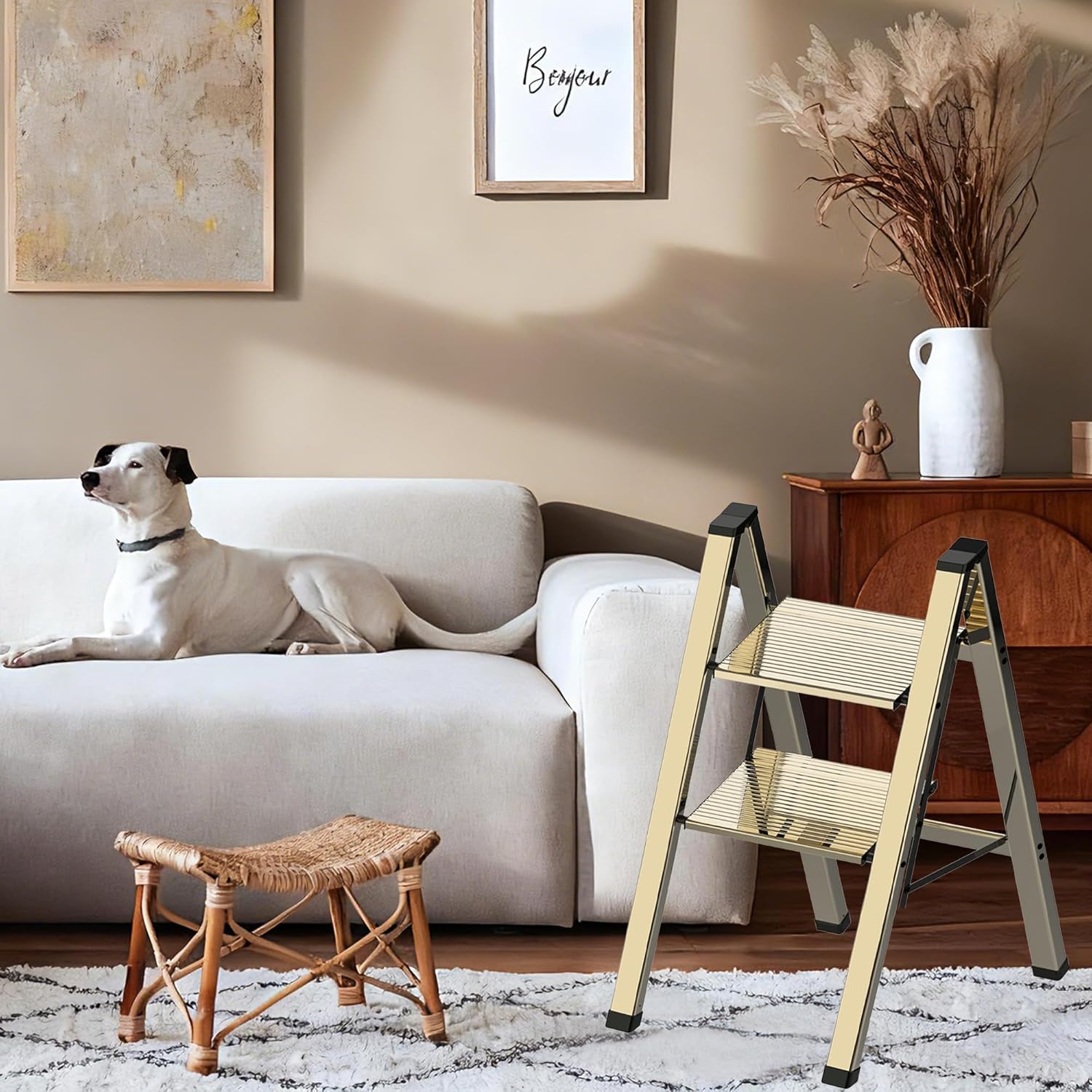 2 Step Lightweight Folding Ladder for Home, 330lbs Aluminum Step Ladder Anti-Slip for Kitchen, Step Stool Foldable Adults for Closet, 330lbs - Champagne Gold