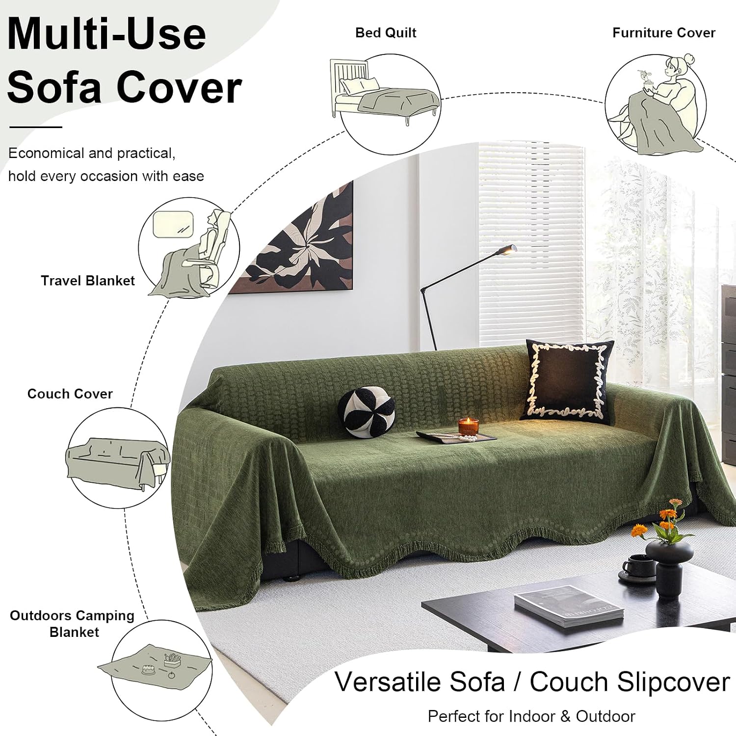 ROOMLIFE Green Sofa Cover, Vintage Boho Couch Cover for 3 Cushion Sofa, Non Slip Soft Chenille Sofa Slipcovers for Dog, Washable Furniture Sofa Protector Cover with Tassel for Living Room, 71''X118”