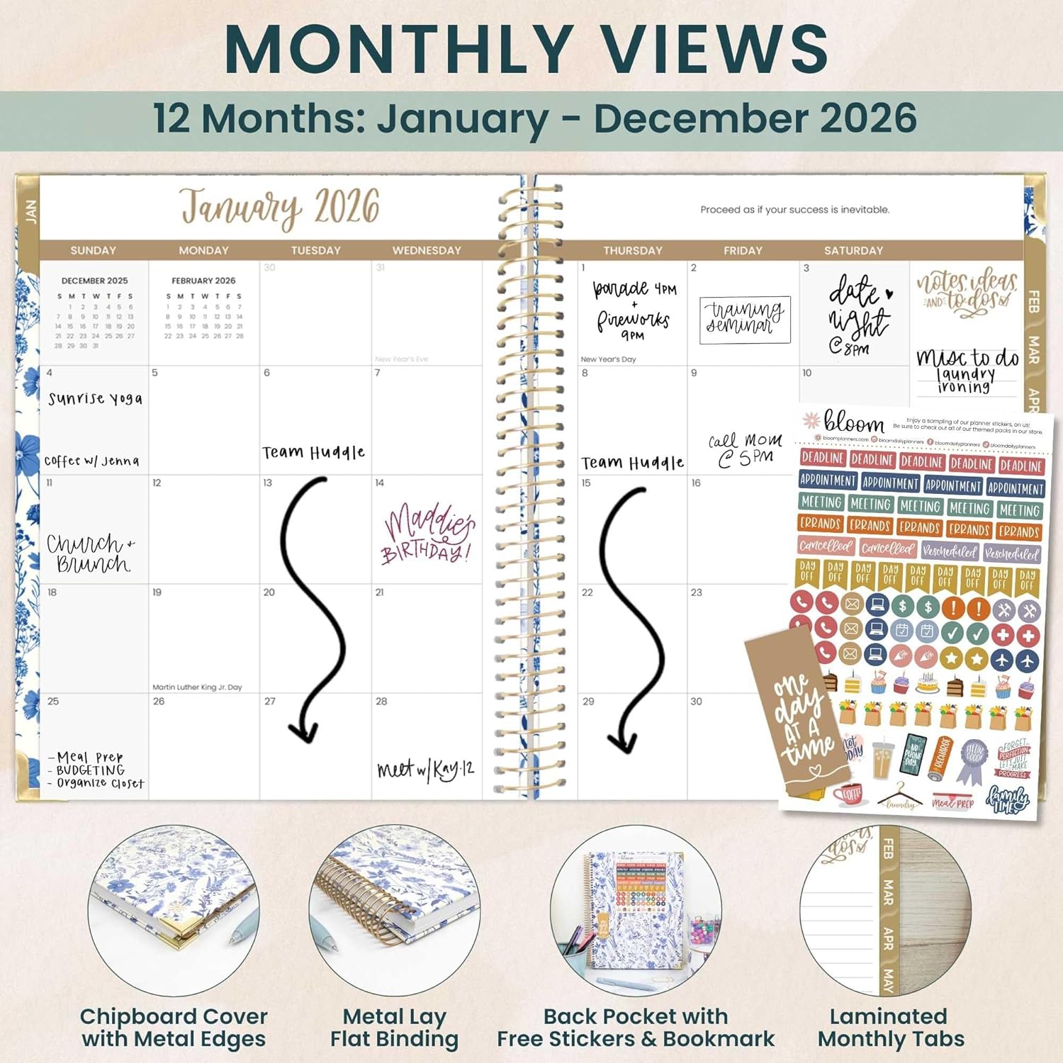 bloom daily planners HARDCOVER 2026 Planner (January to December) - 8.5” x 11” Weekly & Monthly Dated Agenda Organizer Book with Stickers & Tabs - Blue & White Floral