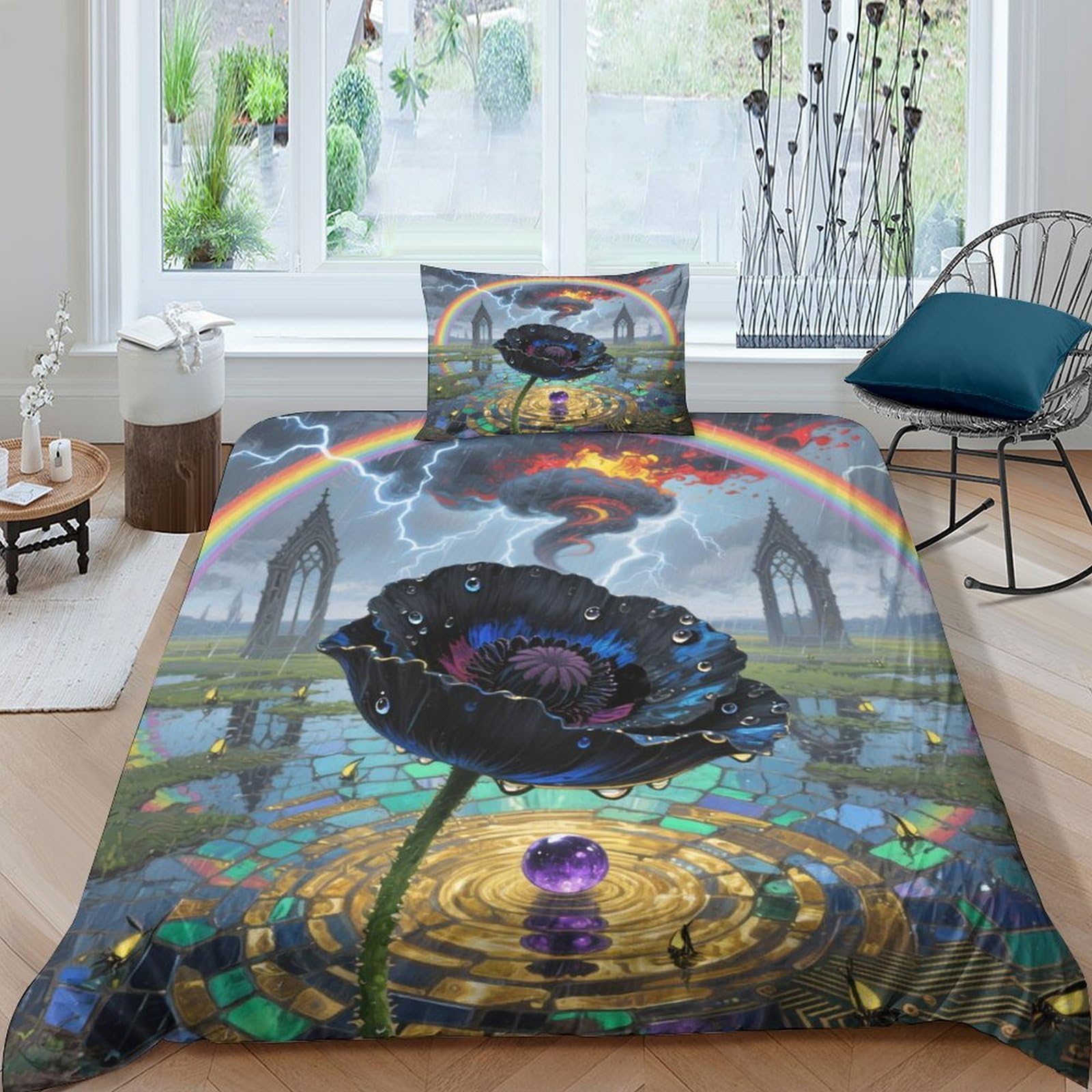 Housse de couette pavot 3D 135x200 microfibre avec taie d'oreiller pour lit single enfant