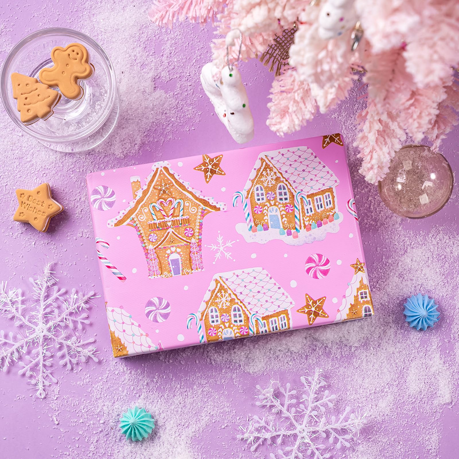 WRAPAHOLIC Dwustronny świąteczny papier do pakowania - mini rolka - 43 cm x 90 cm - różowy piernikowy domek płatek śniegu z wytłoczonym tłoczeniem na Boże Narodzenie, wakacje