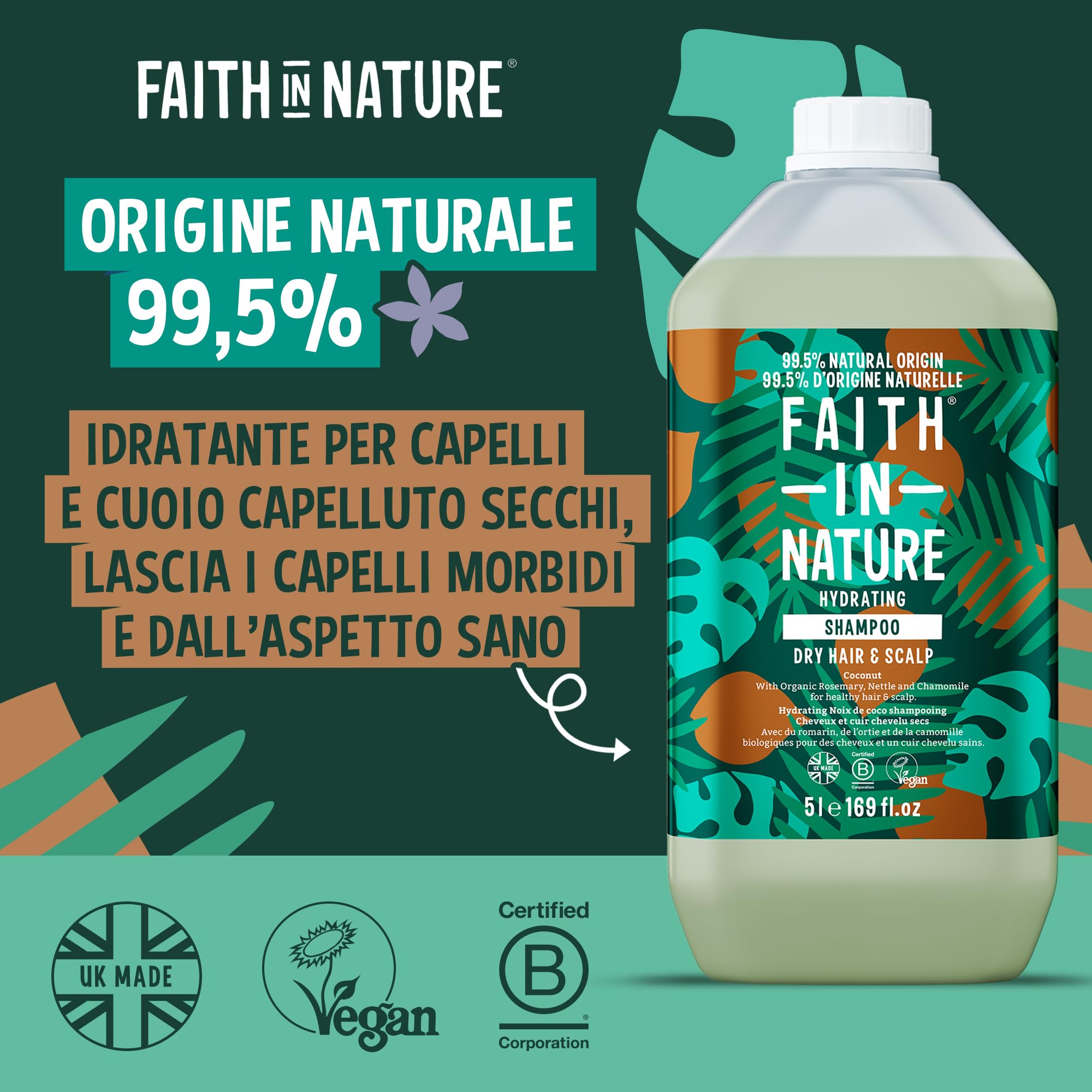 Faith In Nature Ricarica da 5 L di Shampoo Biologico al Cocco, Idratante per Capelli e Cuoio Capelluto Secchi, Vegano e Cruelty Free, Senza SLS, Siliconi o Parabeni