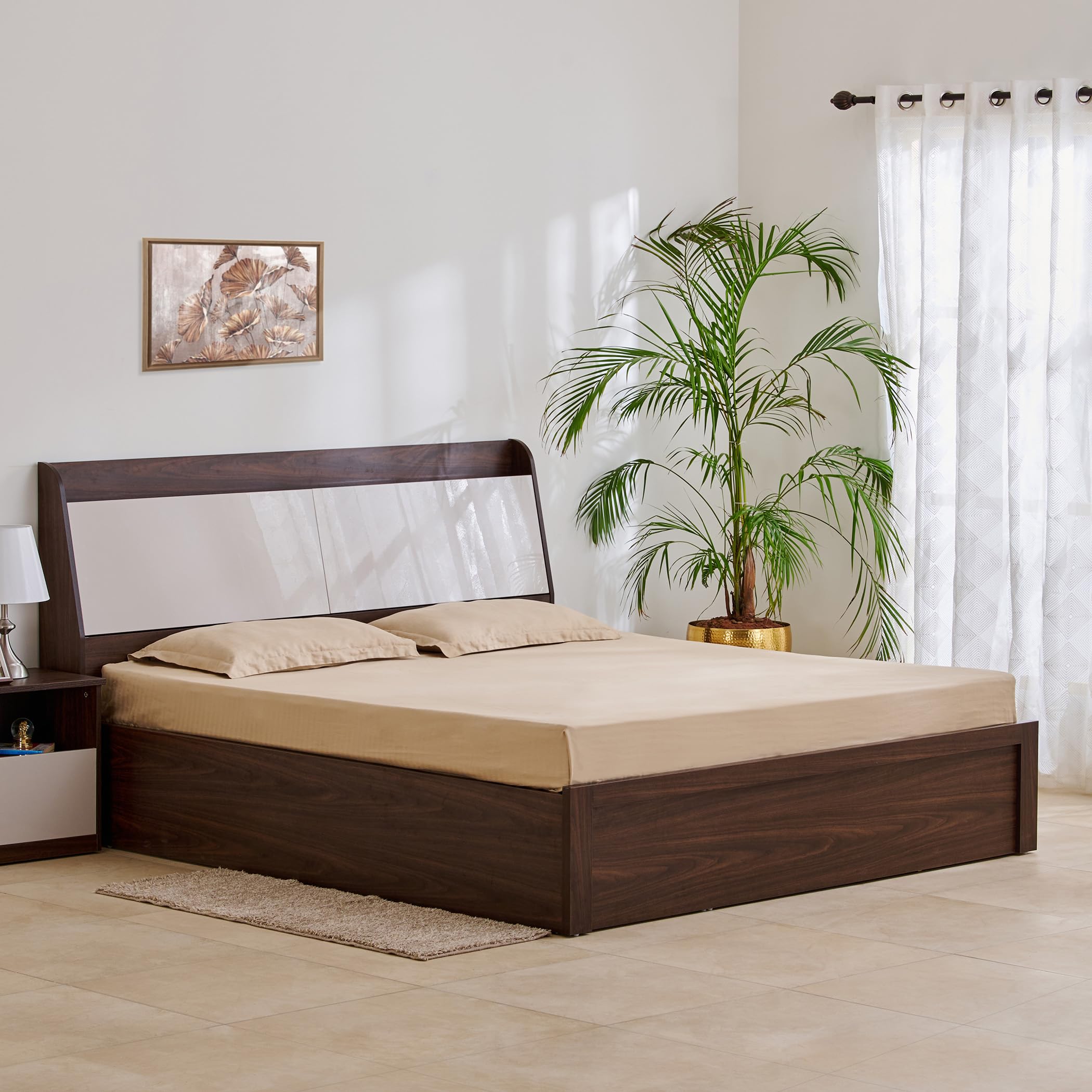 Home Centre My Bed Tulip Queen Bed with Hydraulic and Headboard Storage - Brown and White