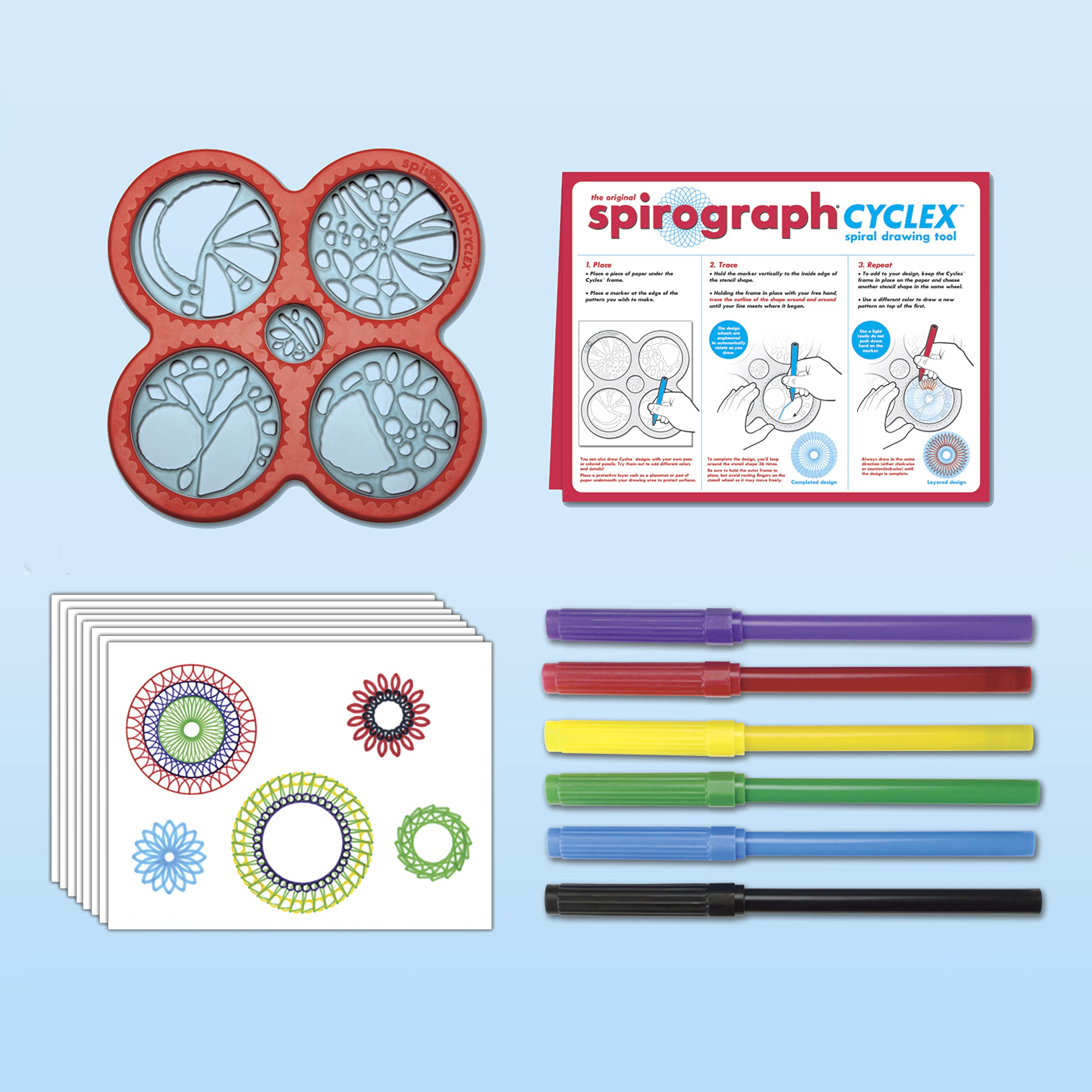 Silverlit SPIROGRAPH Cyclex - Loisirs créatifs - Création de spirales à l'infini avec les roues rotatives ! - 1 forme, 6 feutres colorés, 1 guide de réalisation et 20 feuilles à dessin. - Dès 5 ans