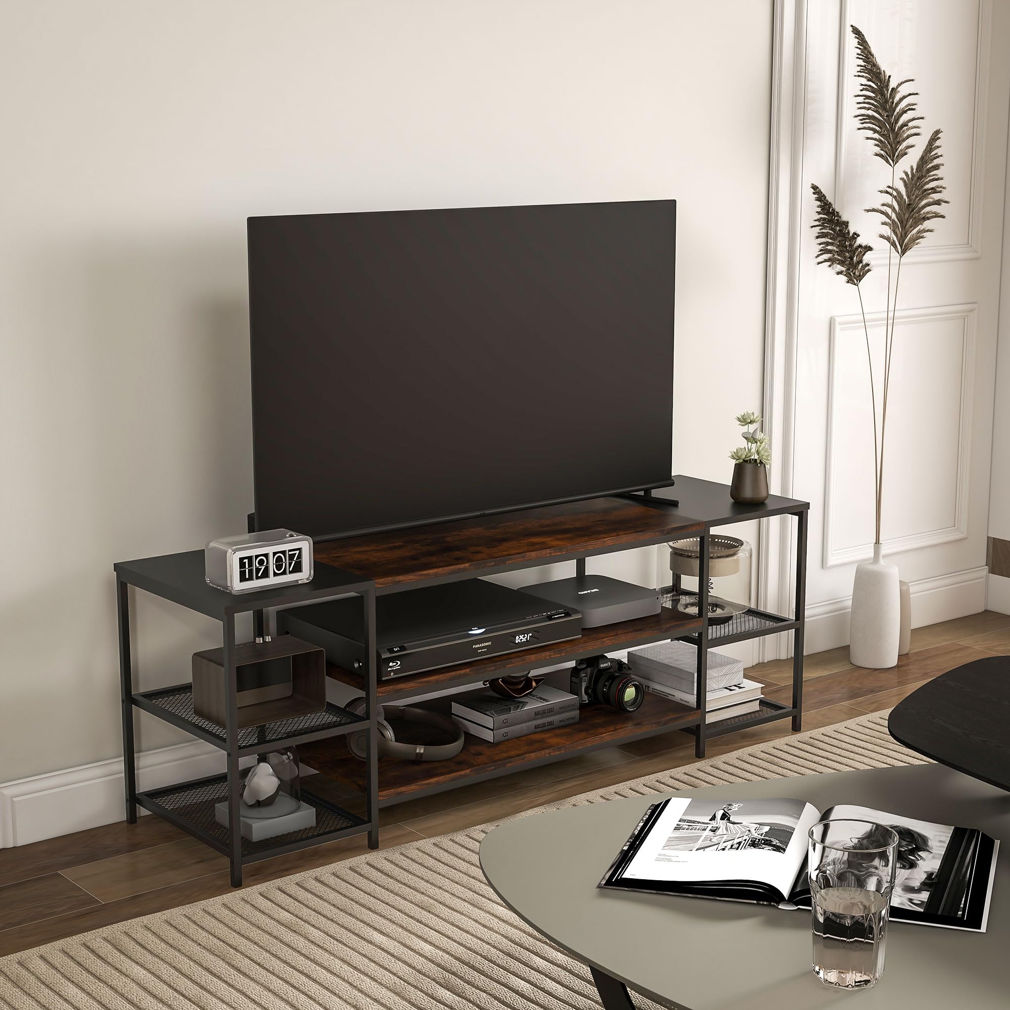 Meuble TV HOMCOM Industriel – Pour TV Jusqu'à 60'' – Étagères Ouvertes, Finition Marron Et Métal Gris