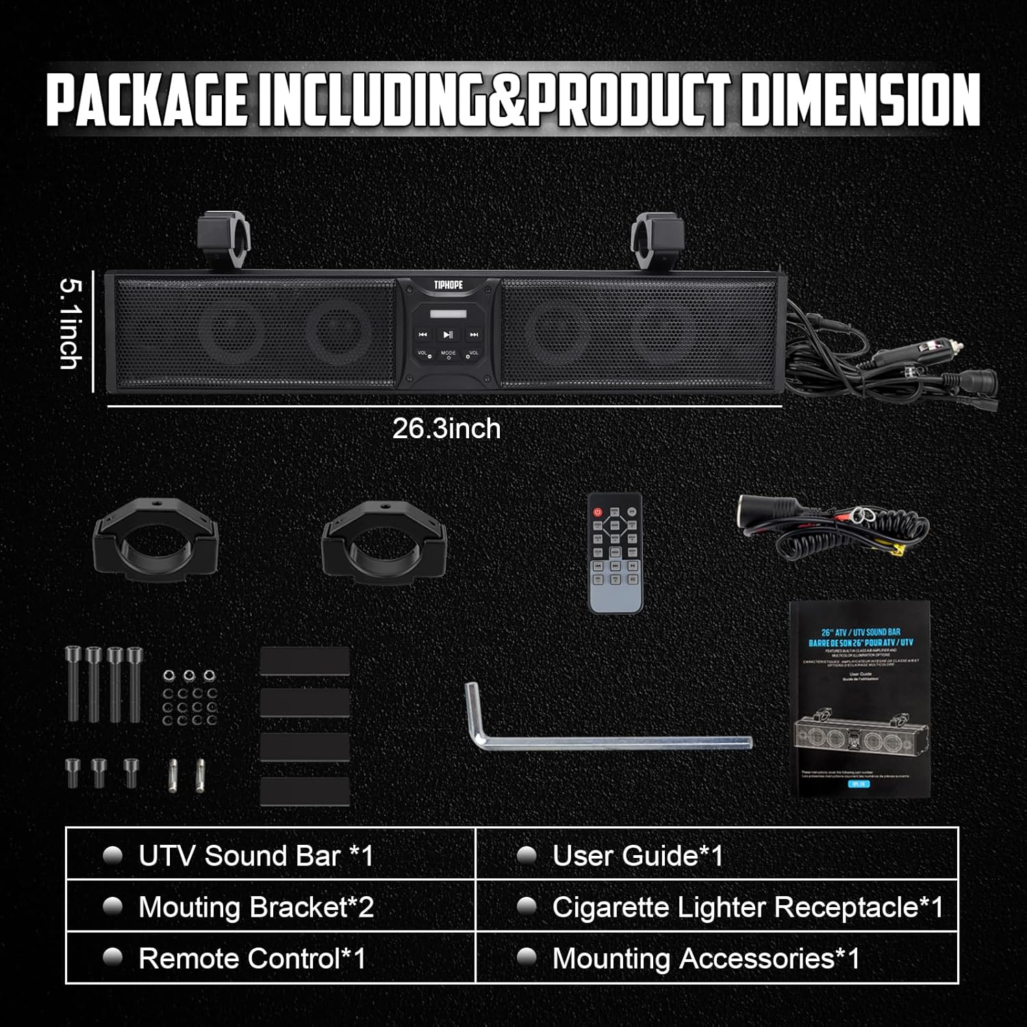 TIPHOPE 26 Inch UTV Sound Bar w/6 Speaker,ATV SoundBar Bluetooth with RGB Lighting,Music Sync Waterproof Golf Car Sound Bar with Back Light for ATV UTV Golf Cart w/1.75-2.25" Roll Bar-2 Year Warranty