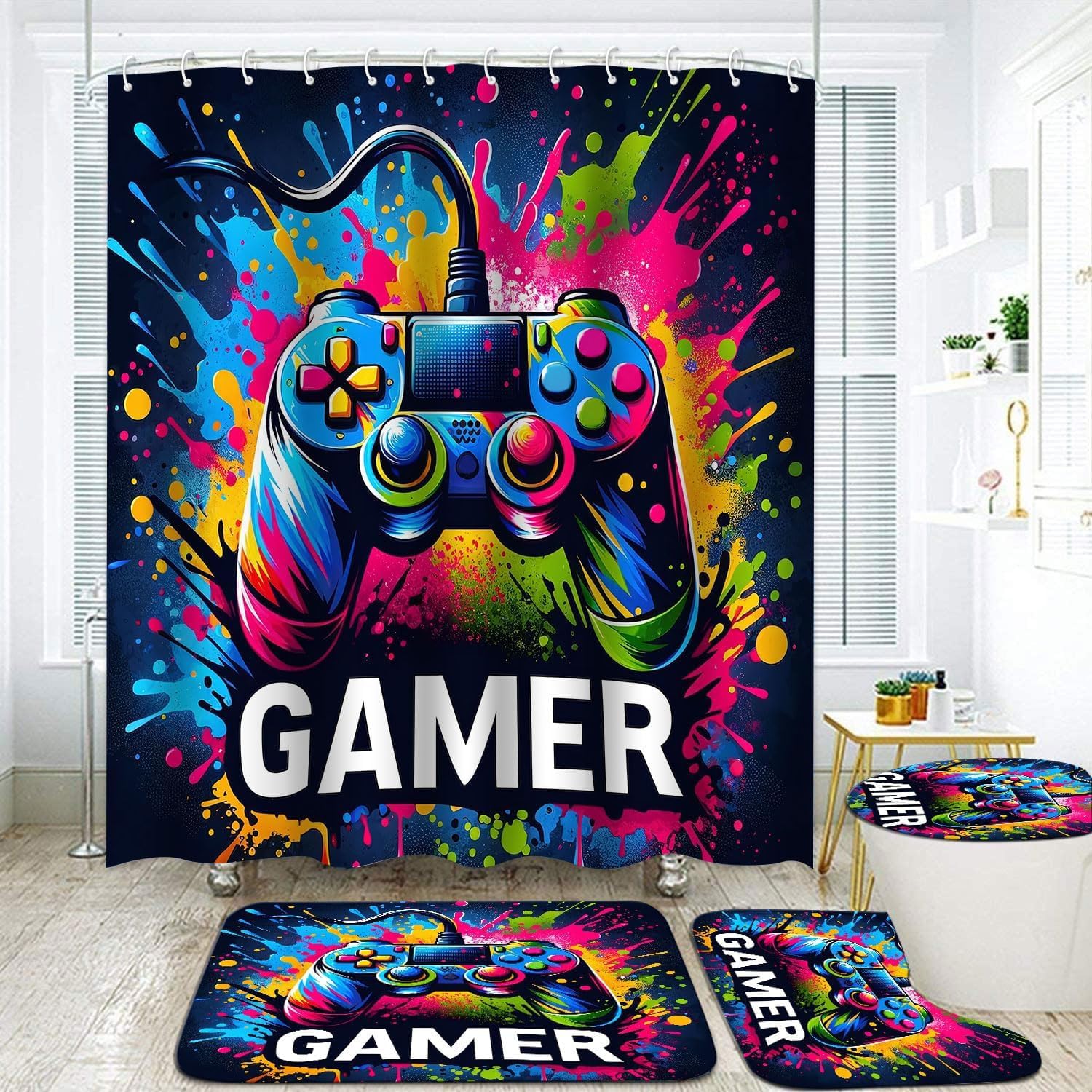 4Pcs Colorful Gaming Shower Curtain Sets Boy Gamer Bathroom Decor Graffiti Game Shower Curtain with Rugs Watercolor Gamepad Controller Curatins