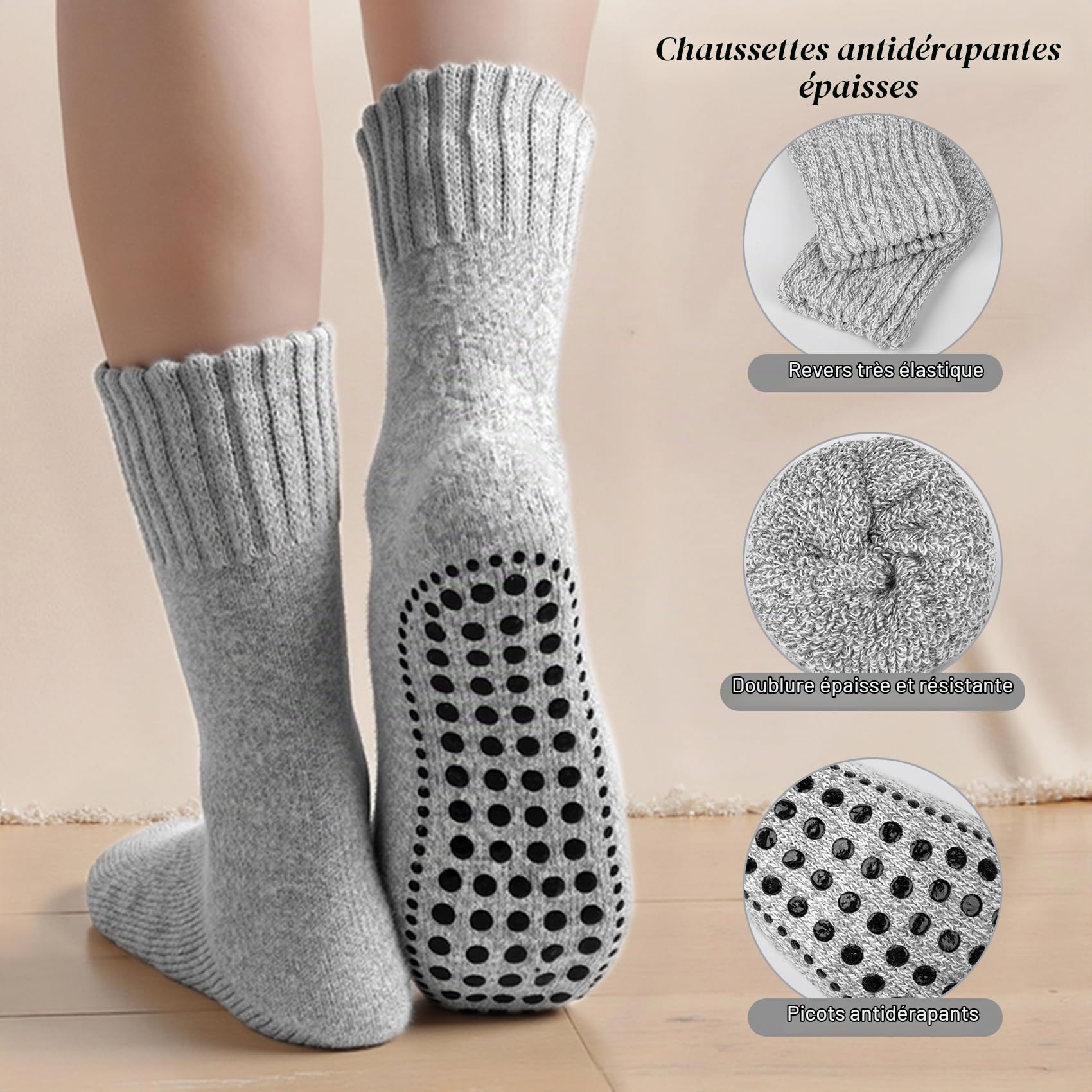 Chaussettes Laine Mérinos Homme 3 Paires Chaussettes Hiver Chaudes Antidérapantes avec Points de Gripper Chaussettes Épaisses et Douces pour Intérieur Maison