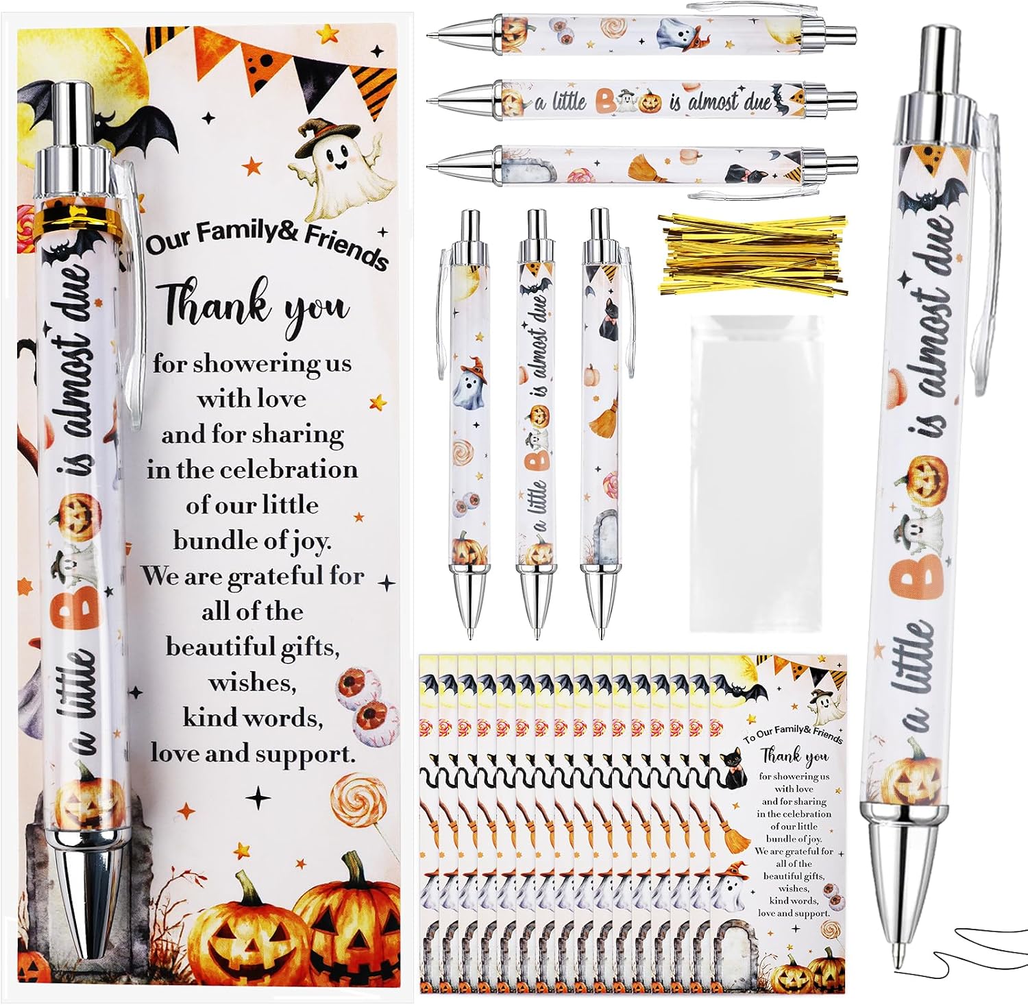 30sets Halloween Baby Shower Ballpoint Pens Bulk Orange Black A Little Boo Is Almost Due Ballpoint Pen Party Favor Halloween Baby Shower Thank You Cards for Office Home Decor Gift Souvenir