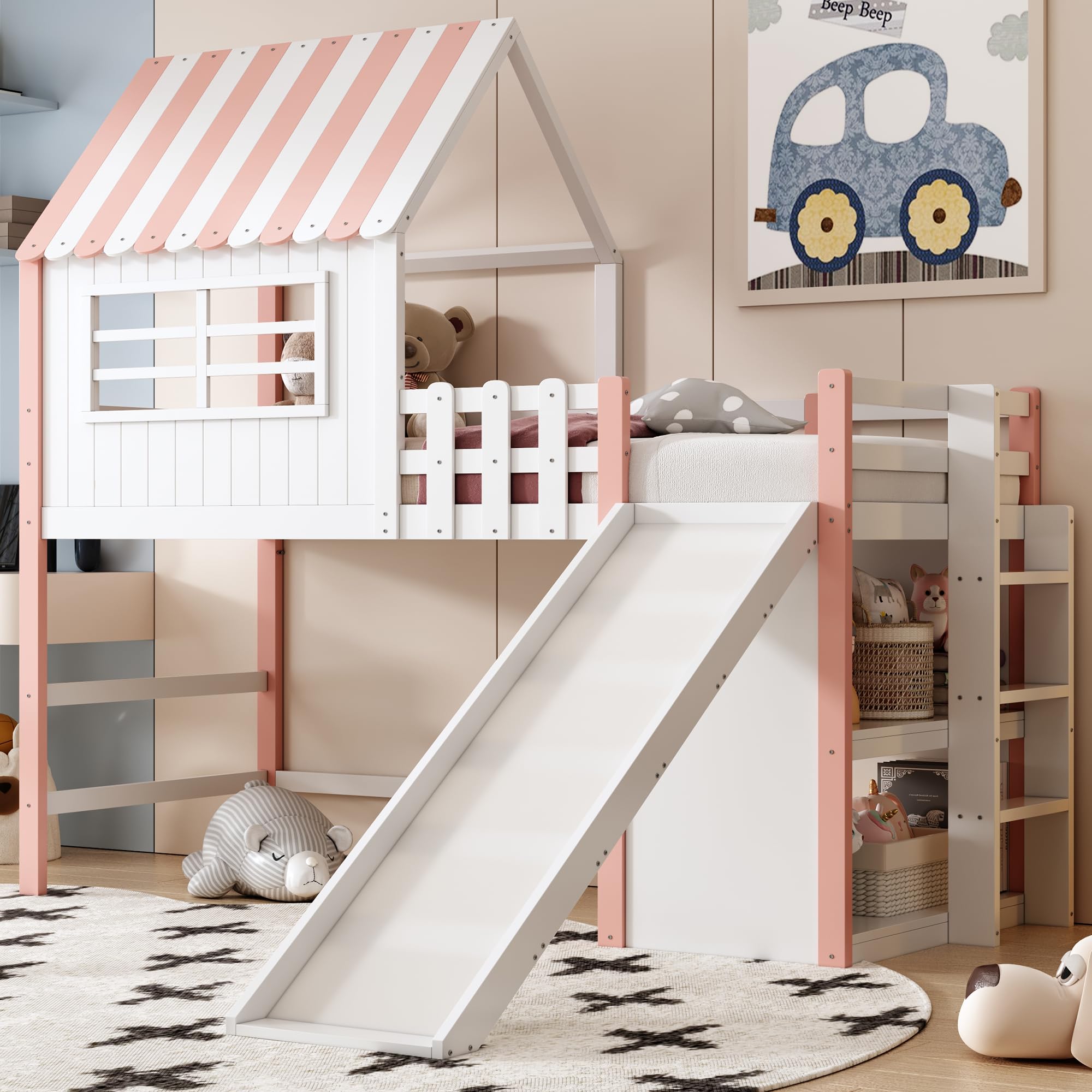 Dolamaní Kinderbett Etagenbett 90x200 cm mit Stauraum Regal und Rutsche, Hochbett mit Rausfallschutz, Holzbett mit Lattenrost, Hausbett mit Dach eines Hauses ohne Matratze (Rosa)