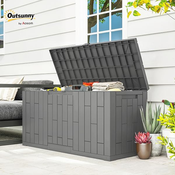 Outsunny Baule da Esterno da 227.4L in PP con Coperchio Serratura, Baule da Giardino, Contenitore da Esterno Protezione UV, per Giardino Patio Piscina, Effetto Legno Grigio - 2