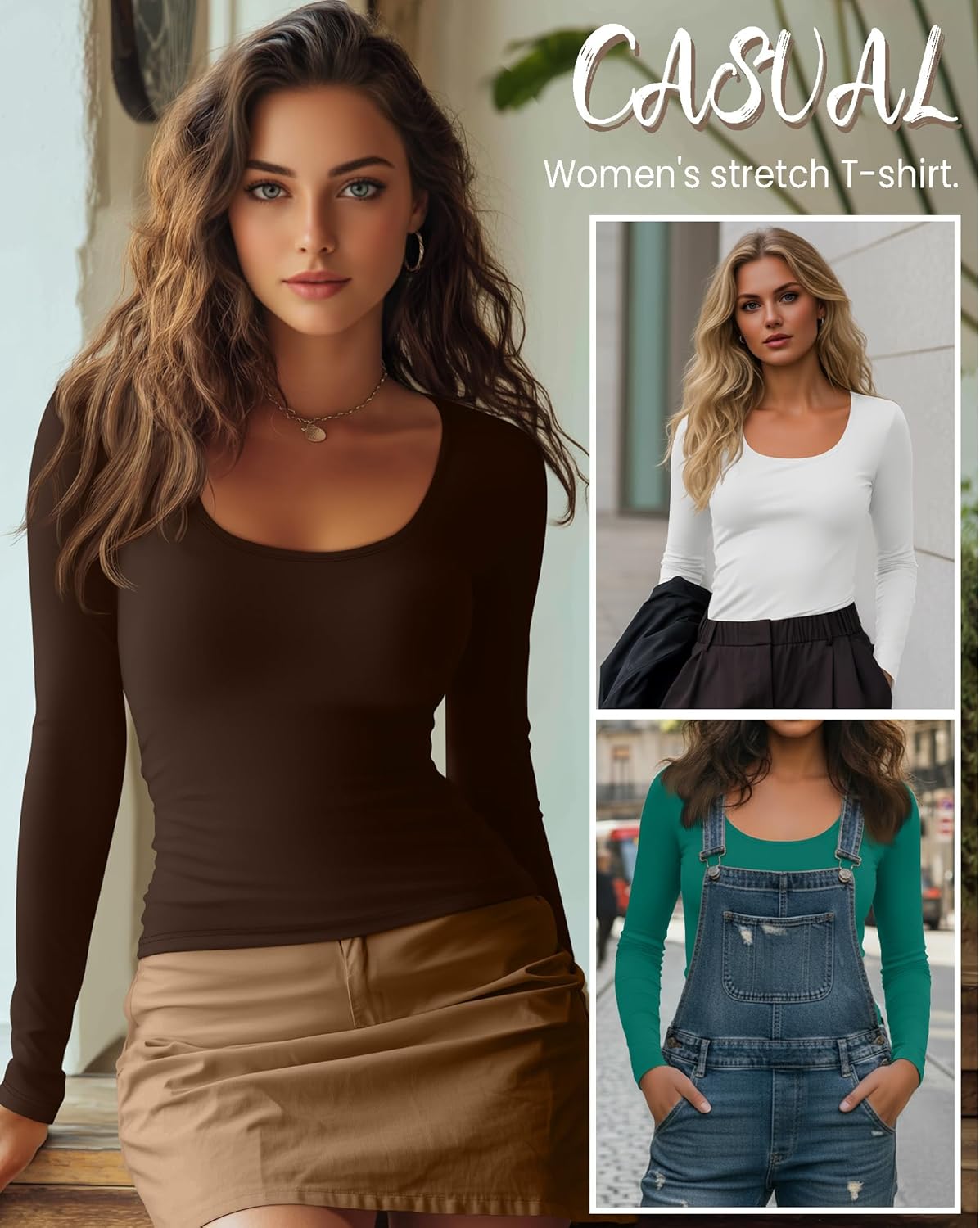 7 Pack Women's Long Sleeve Shirts Multipack Scoop Neck Tops Slim Fit Undershirt Basic Layer Winter - Image 2