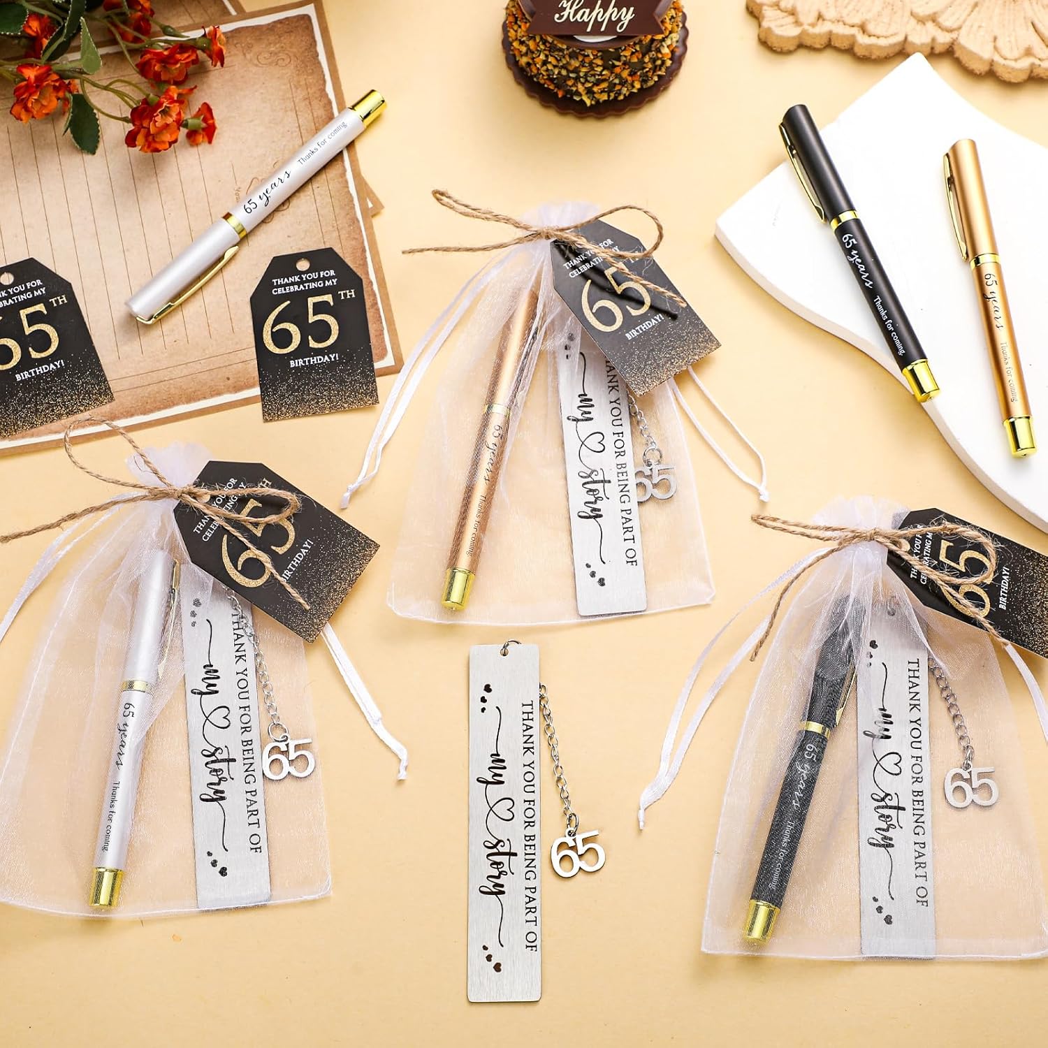 25 Sets Birthday Favors for Guests 25 Thanks for Coming Ballpoint Pens 25 Bookmarks 25 Cards with Organza Bag for Adult Birthday Anniversary Party Souvenir(Metal-60th) - Image 5