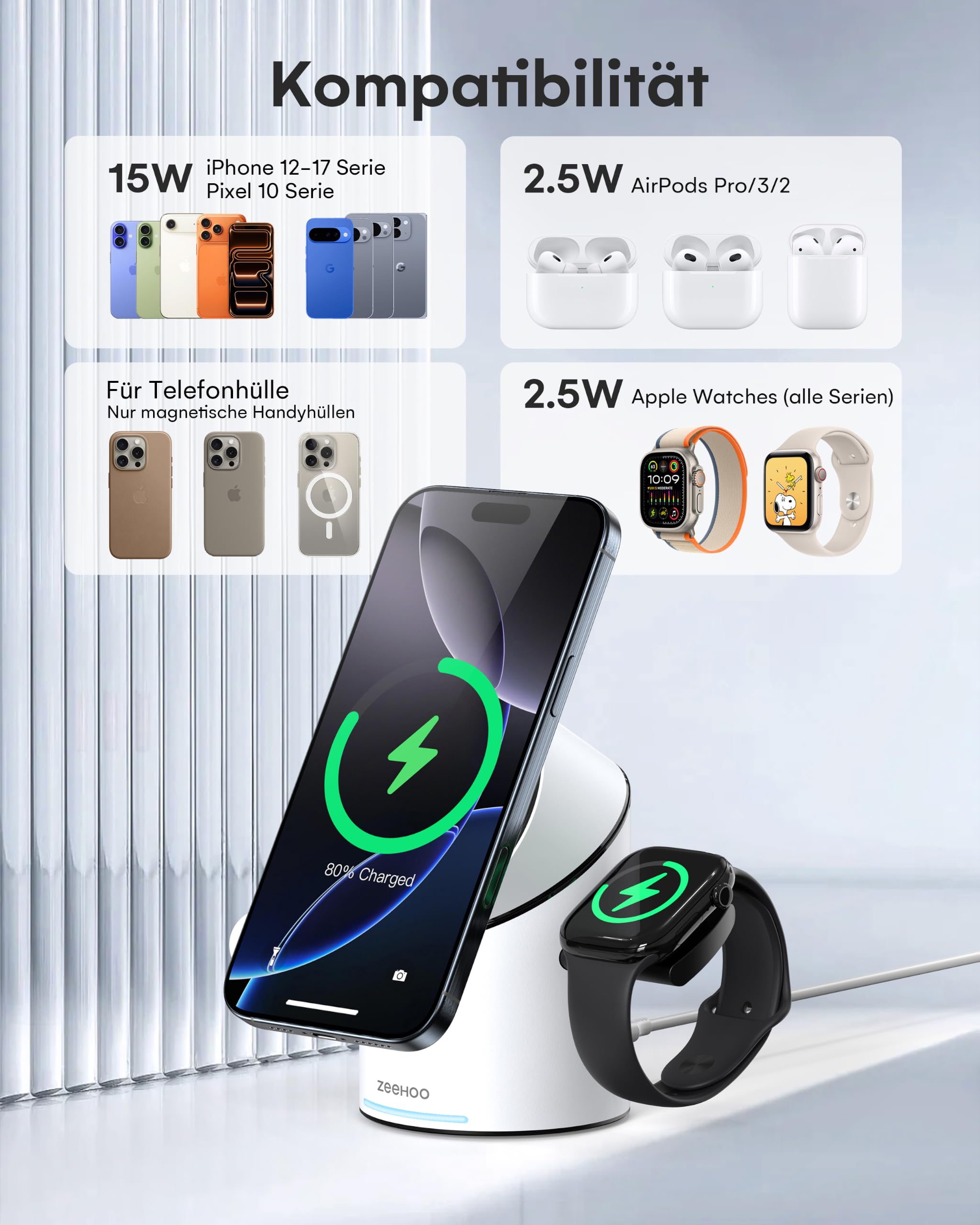 ZEEHOO 3 in 1 Ladestation für Apple Magsafe Ladegerät, 15 W Ladestation Wireless Charger für iPhone, AirPods, Weiß (30 W Ladeadapter im Lieferumfang enthalten)