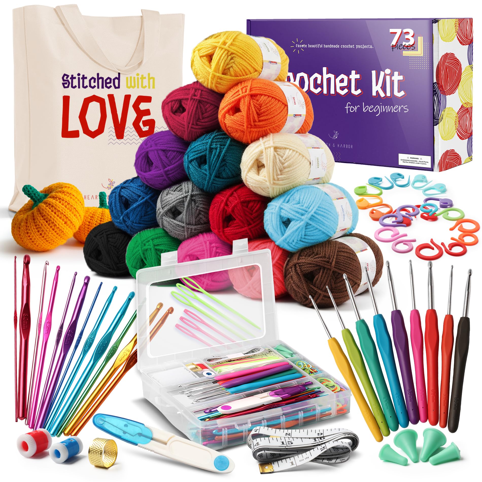73 Piece Crochet Kit with Hooks Yarn Set - Premium Bundle Includes Balls, Needles, Accessories Kit, Canvas Tote Bag and Lot More Starter Pack for Kids Adults – Beginner, Professionals., Large klein
