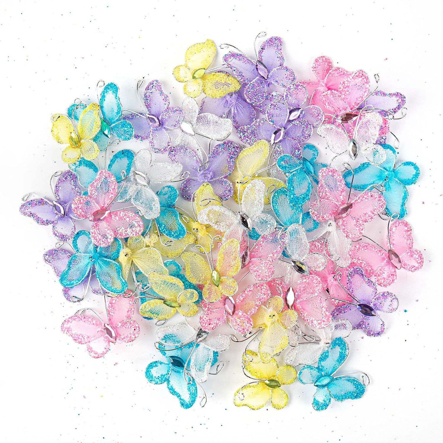 Framendino, 36 Pack Organza Butterflies Sheer Mesh Wire Glitter Butterfly Nylon 6 Colors Delicate Gem for Home Wedding Decoration