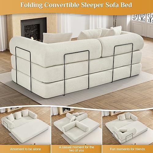 Miniatura 7 de Convertible Sleeper Sofa Bed with Pillow, 4-in-1 Corduroy Folding Mattress Couch with Fixed-Shape Frame, Fold Out Floor Sofa Cama Lounge Couch for