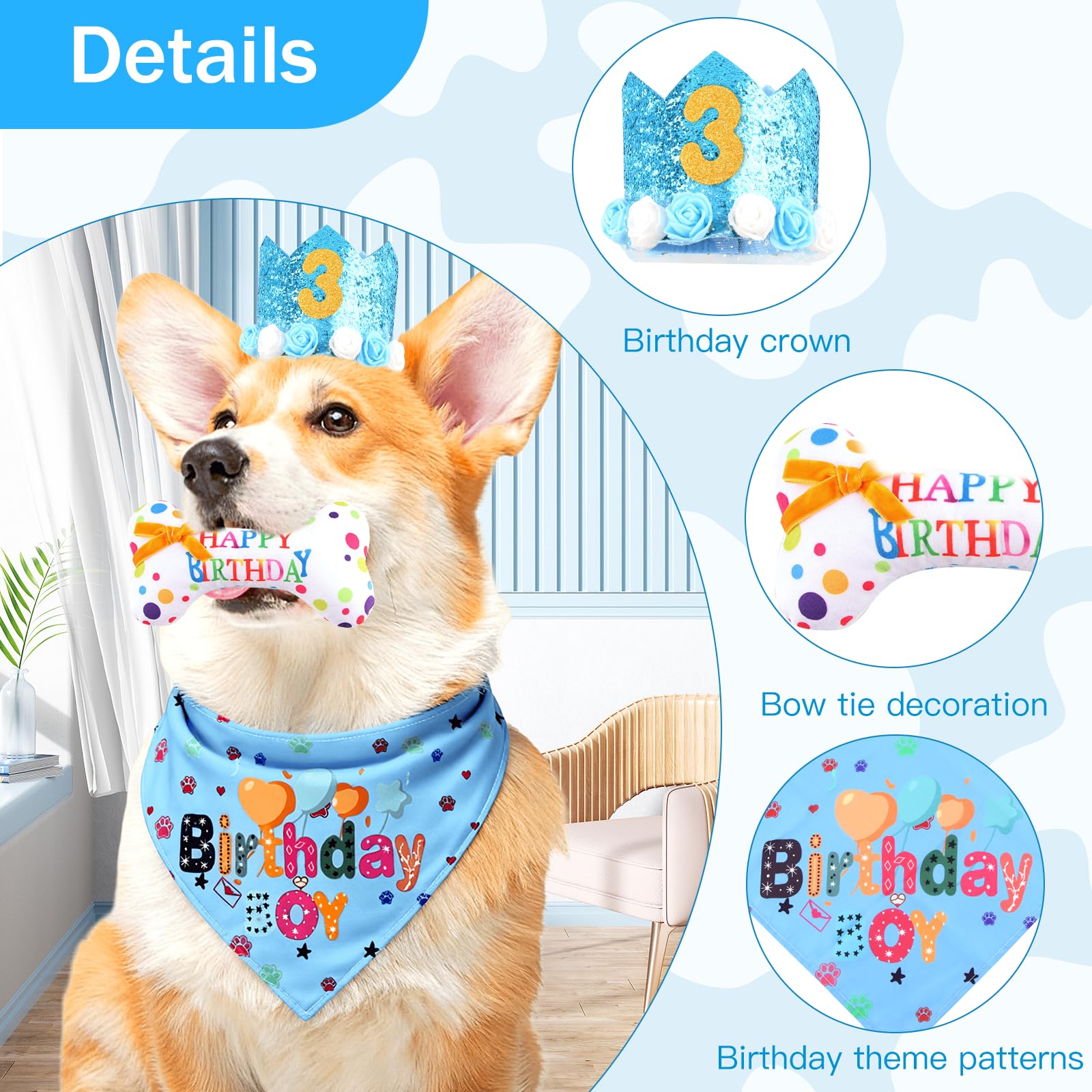 Set Compleanno Cane, 4 Pezzi Decorazioni Festa di Cappellino per Cani con Cappello, Bandana, Giocattolo a Forma di Osso & Numeri, Regalo Cane Compleanno per Cani Maschi e Femmine (Blu)
