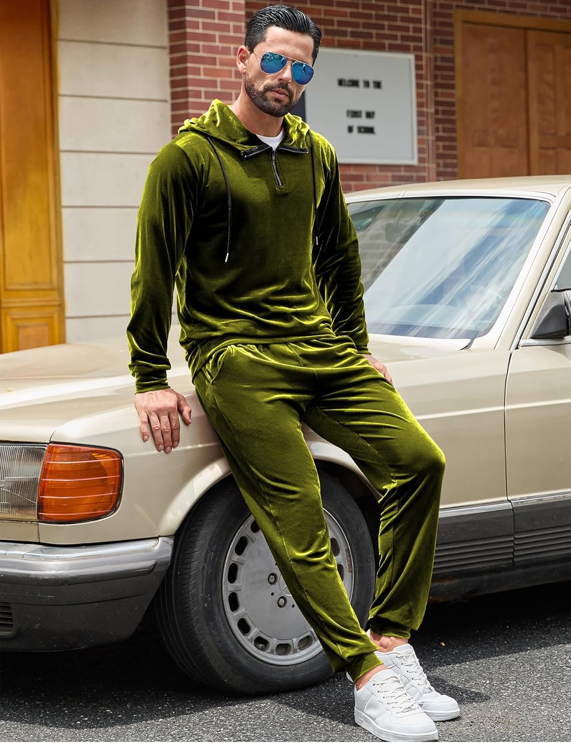 LecGee Mens Velvet Tracksuit Quarter Zip Pullover Hoodie and Joggers Sweatpants Casual Velour Sweatsuit Set - Image 6