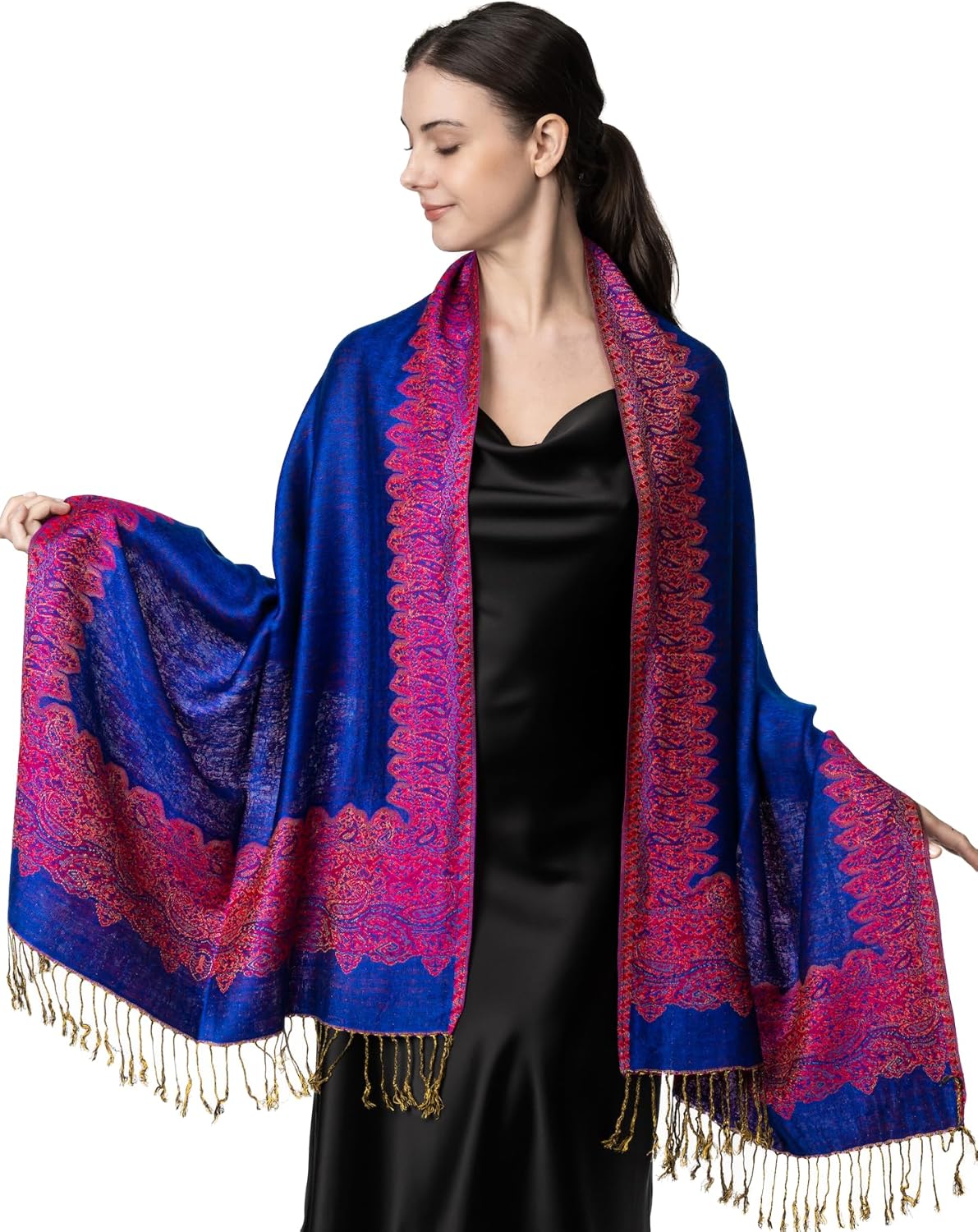 Achillea Elegant Reversible Paisley Border Pashmina Shawl Wrap Scarf - Image 2