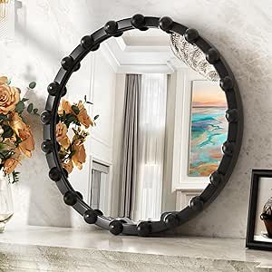 COGOOD Black Round Decor Mirror - 11" Circle Frame Beaded Decorative Wall Mirror for Living Room ...