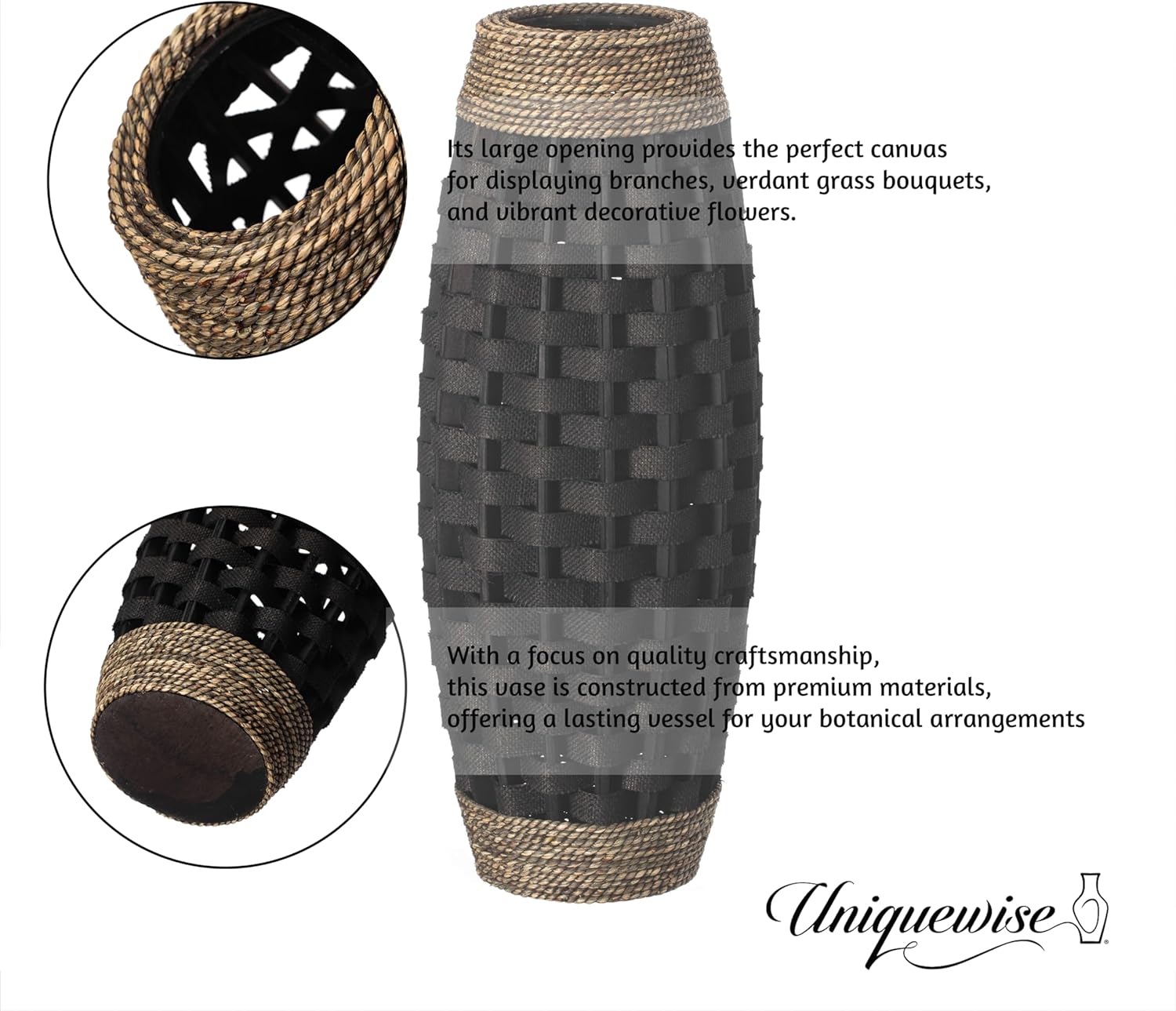 Rustic Tall Floor Vase - 24-inch Handcrafted Black Woven Vase, Decorative Accent for Home Decor, Living Room, and Entryway, Ideal for Displaying Flowers, Pampas Grass, and Dried Florals and Branches