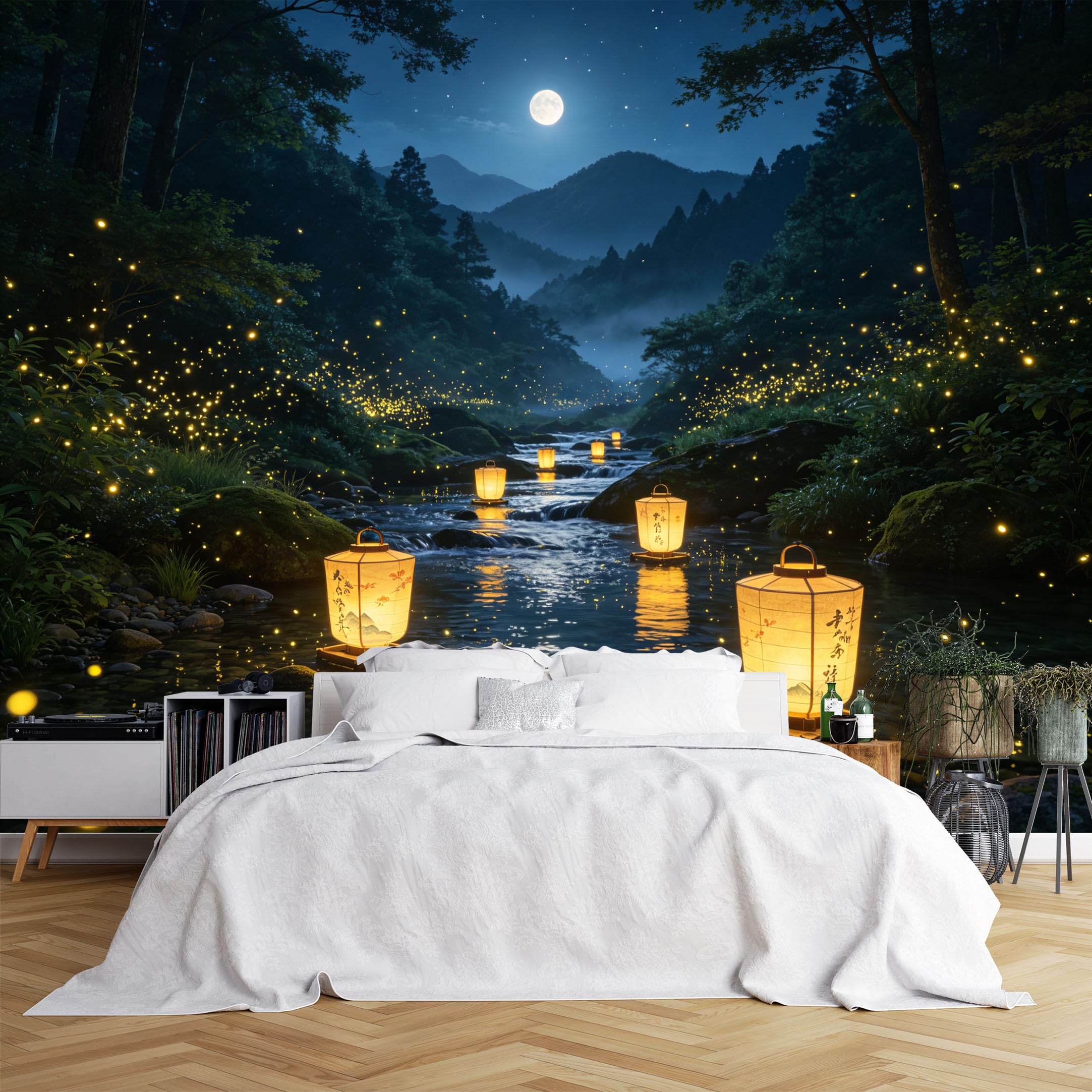 Lcythiazole Ch260615219 Custom Size Wall Murals River Floating Lantern Firefly Moon Mountain Large Photo Wallpaper Self-Adhesive Wall Fabric (No Pvc) Removable Wallpaper For Living Room
