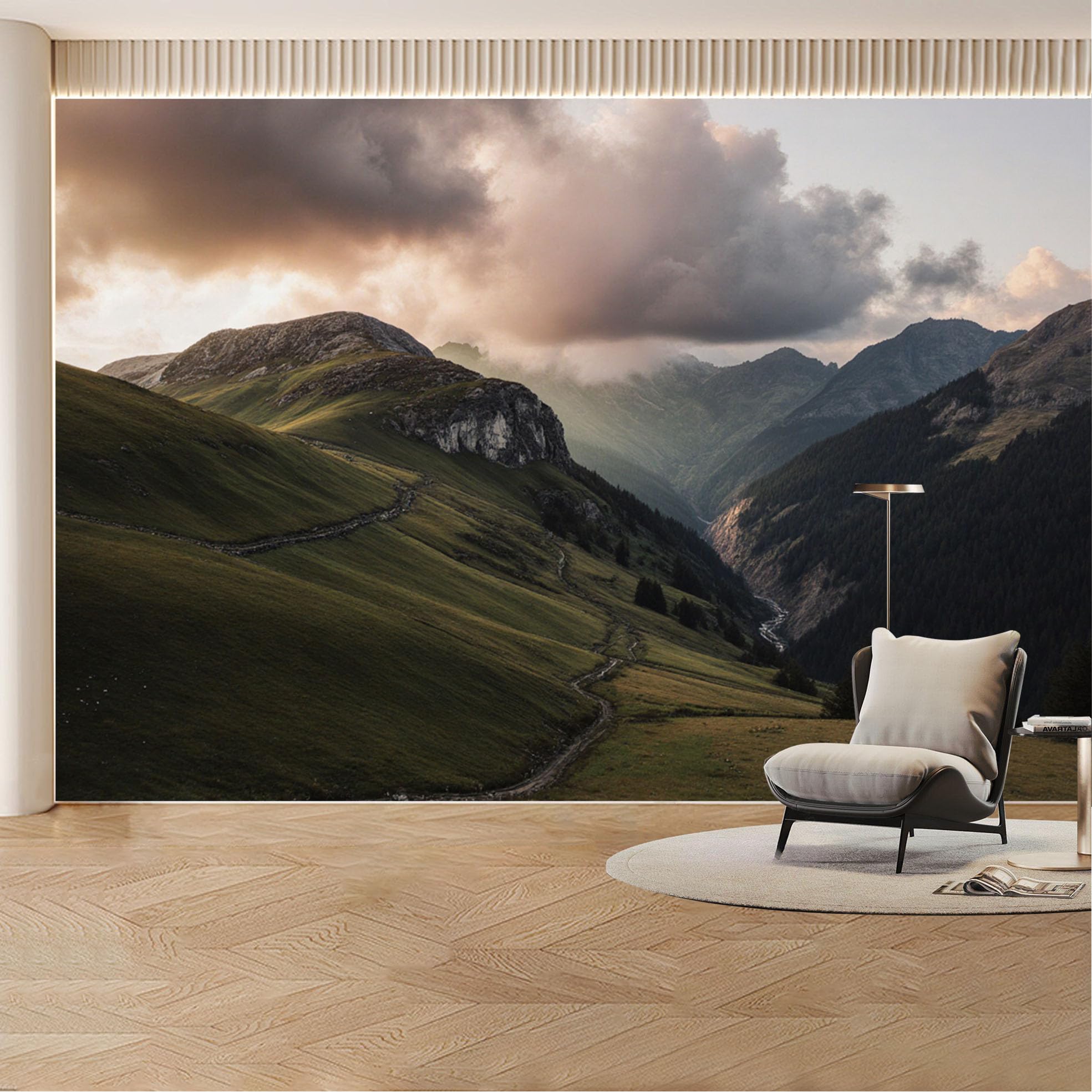 Custom Wall Mural Wallpaper Mountain Valley Landscape Nature Large Wall Art Wall Decor Misty Sunset Nordic Removable SelfAdhesive Large Photo for Living Room， Bedroom， Office