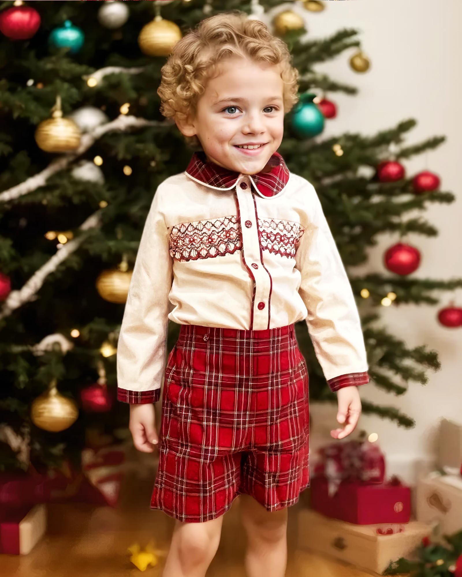 Twoflower Bekleidungssets für Jungen, Kleinkind, Kinder, Weihnachten, gesmokt, Baby, Vintage, Herbst, 2-teiliges Set für 12 Monate – 7 Jahre