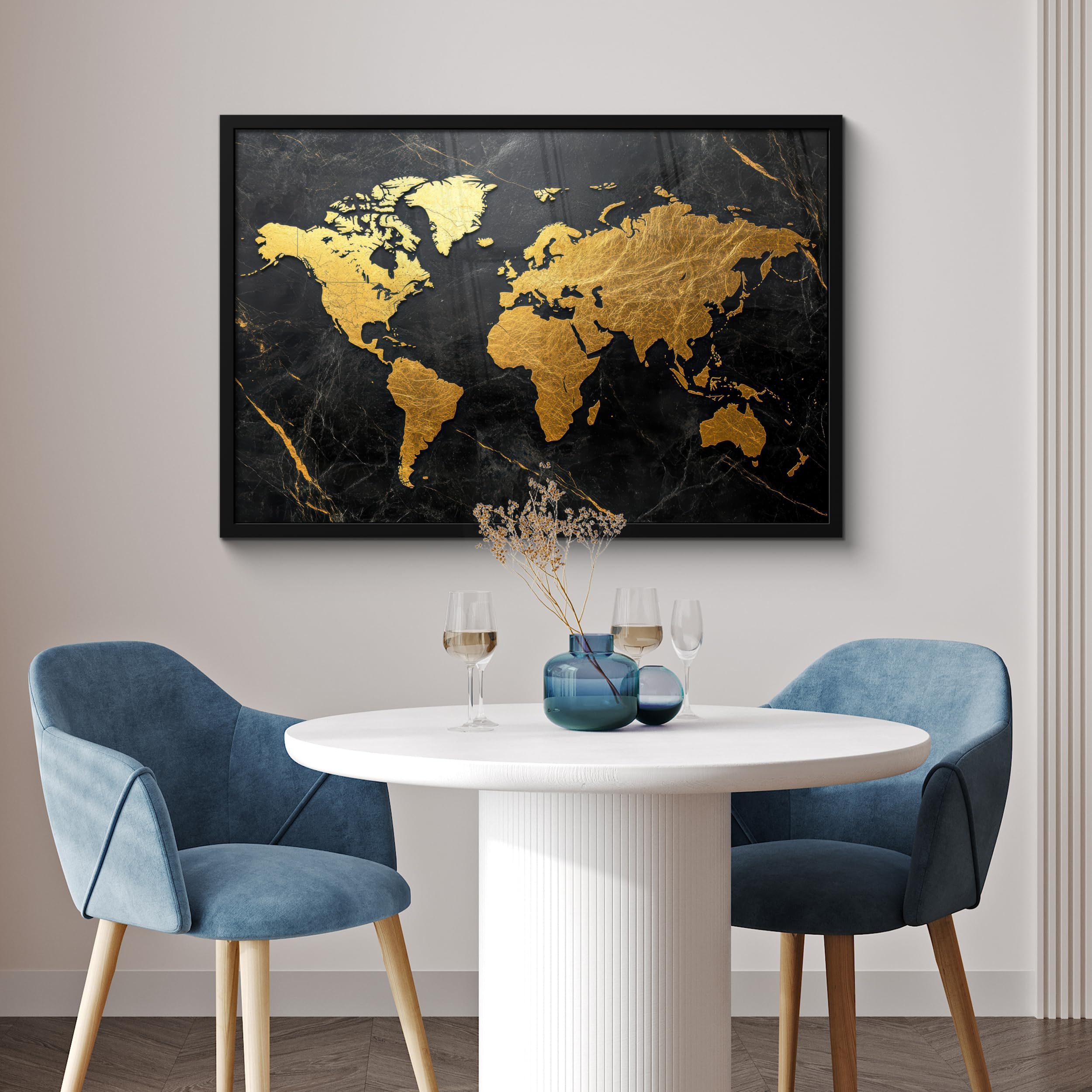 MuchoWow© Cuadros Con Marco 90x60 cm Decorativa Grandes Dimensiones Pequeños Salones Quarto Tripticos Oficina Wall Pasillo Dormitorio Mapamundi - Oro - Mármol