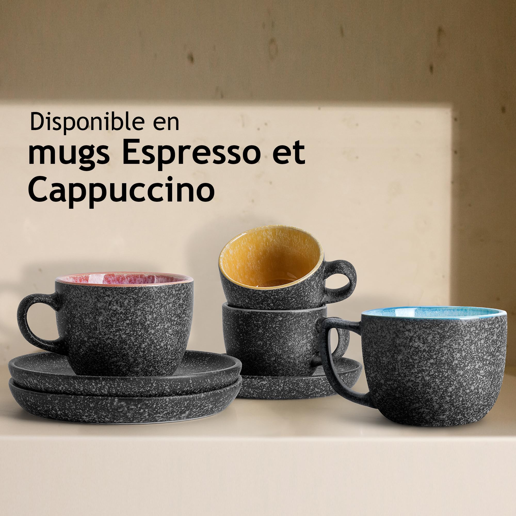 MIAMIO - Tasses à espresso empilables en céramique de 80 ml avec soucoupes et support en métal, ensemble de 6 demitasse pour latte café moka et thé - Collection Las Palmitas