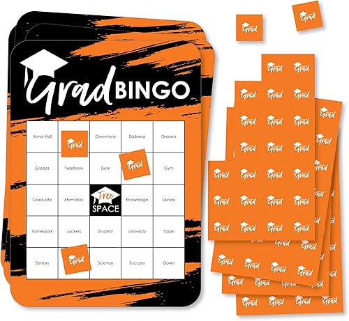 Big Dot of Happiness Orange Grad - Best is Yet to Come - Tarjetas de bingo y marcadores - Juego de bingo en forma de fiesta de graduación naranja -