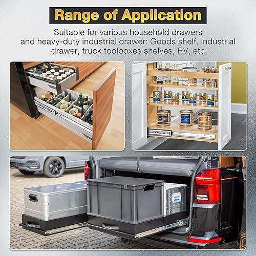 Miniatura 6 de YENUO - Rieles para cajón resistentes, extensión completa, 20 - 40 pulgadas, carga máxima de 150lb, guías para cajón de rodamientos (1 par)