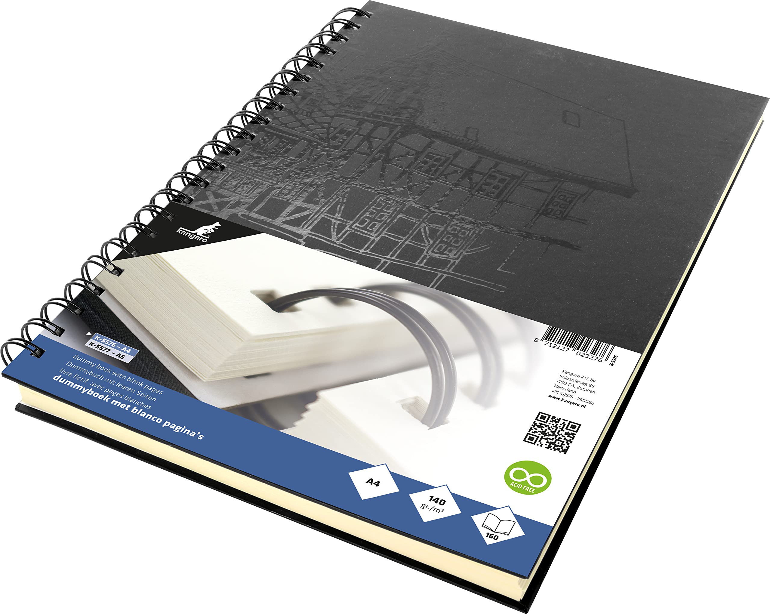 Kangaro Skizzenbuch A4 blanko, Wire-o, Hardcover, schwarz mit Druck, 140g creme Papier, K-5576 (Packung mit 3)