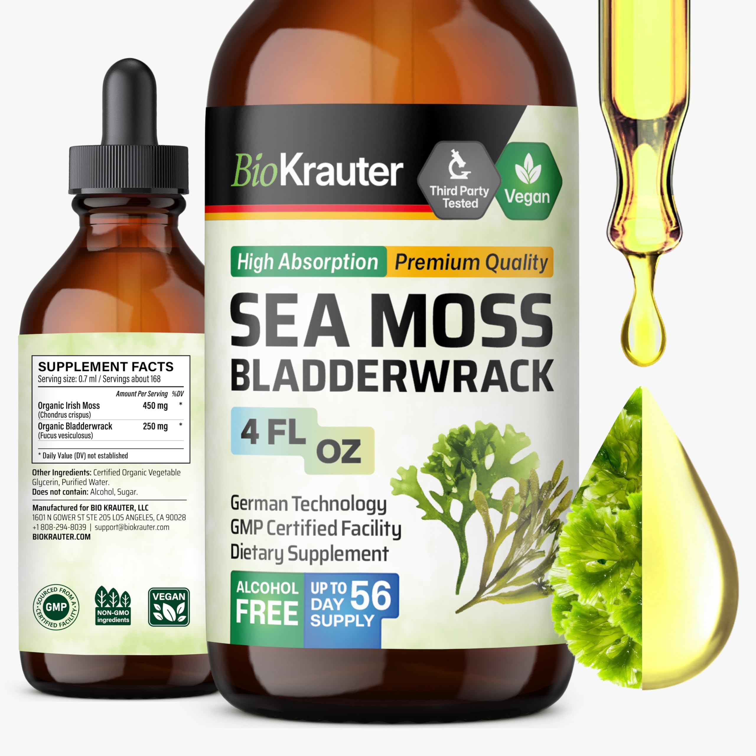 BIO KRAUTER® 2-in-1 Sea Moss for Thyroid Support - Vegan Bladderwrack & Sea Moss Drops for Women & Men - Natural Сhondrus Сrispus Seaweed Supplement 4 Fl.Oz., 56 Days of Supply, Alcohol & Sugar Free