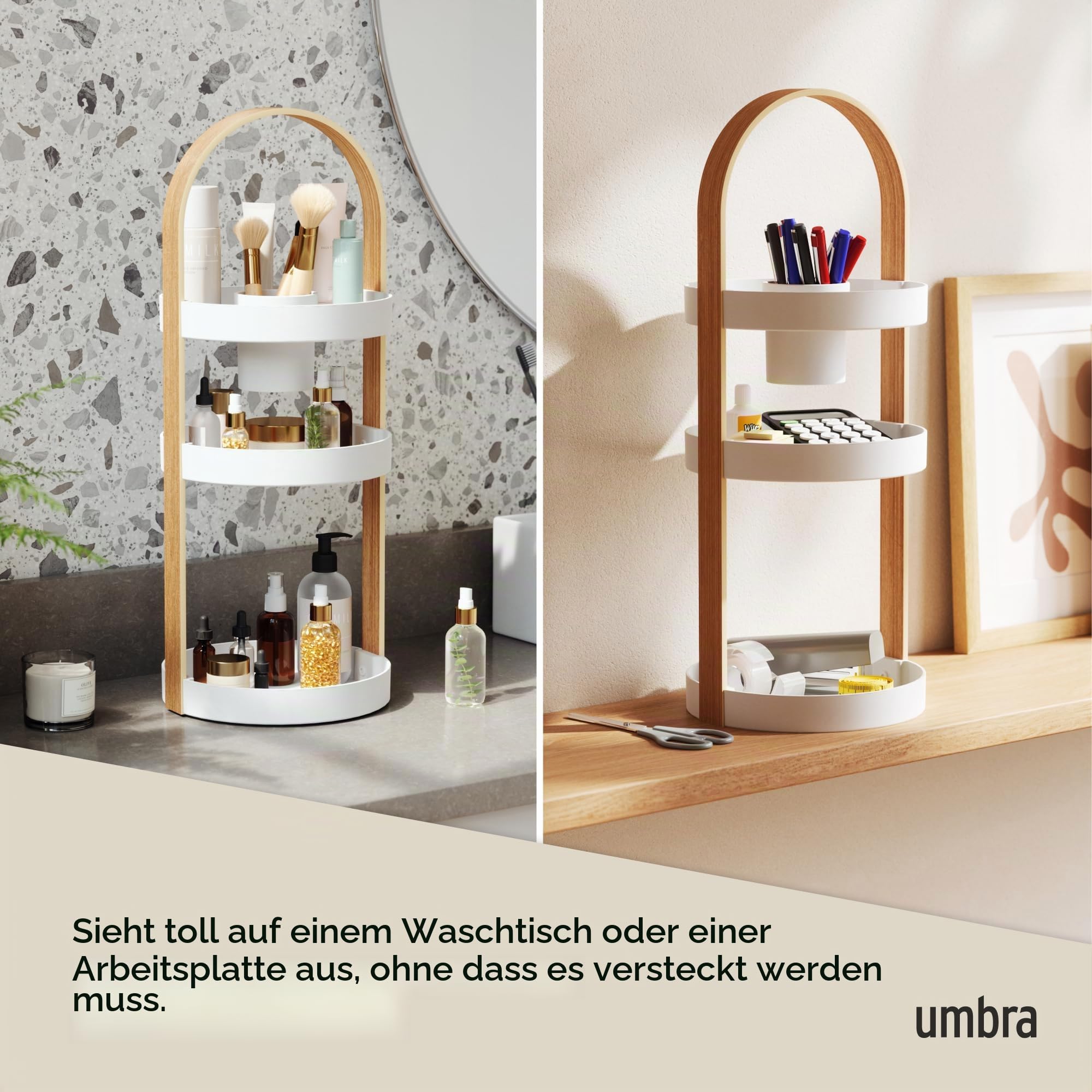 Umbra Bellwood Kosmetik Organizer, Drehbar mit Holzgriff, Weiss/Natur | Drei geräumige Ebenen, herausnehmbarer Behälter für Pinsel, integrierter Tragegriff, passt auf jeden Waschtisch