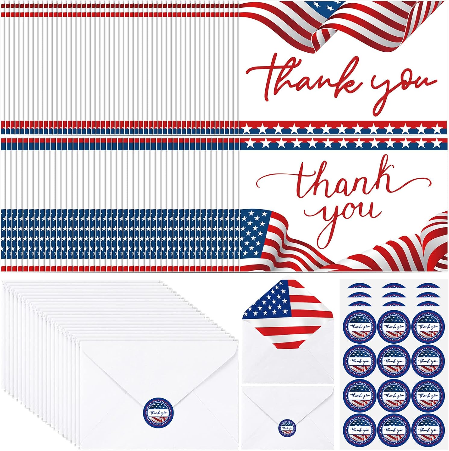 600 Pcs Patriotic Thank You Cards with Envelopes 200 American Flag Notecards 200 Envelopes 200 Stickers for Military Veterans Memorial Day Party Favor 4 x 6 Inch