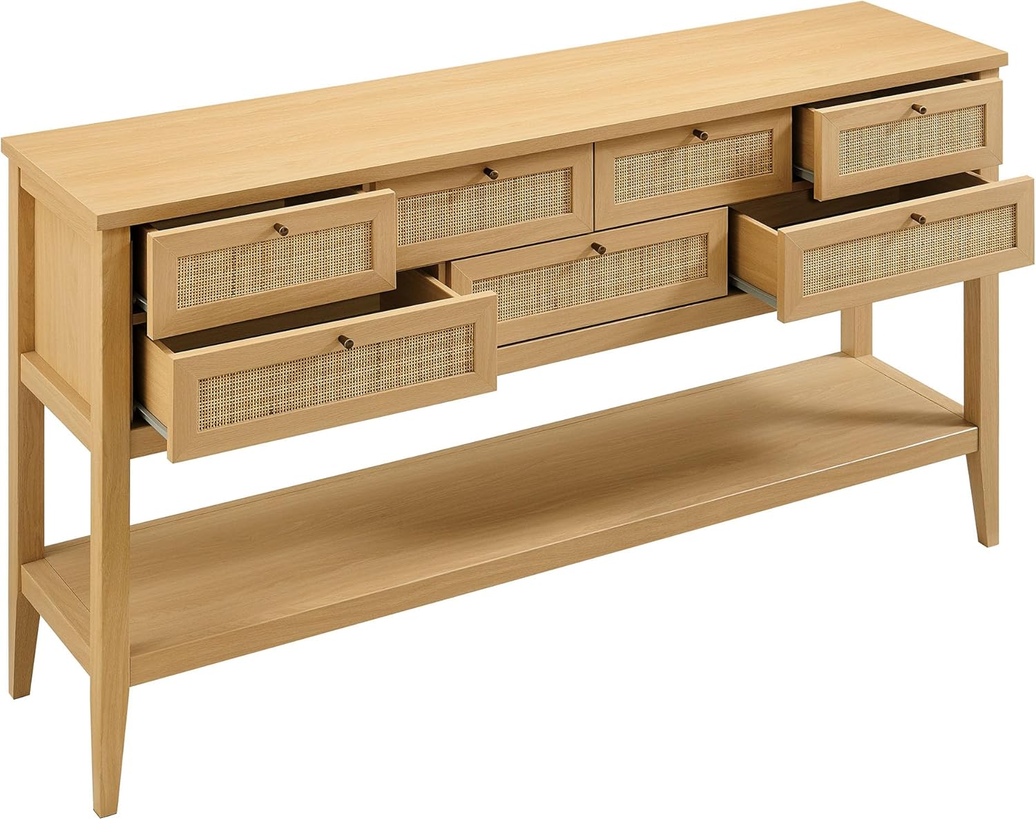 Modway Soma 62 Inch Narrow Rattan Console Table in Oak - Wood Entry Console for Hallway or Living Room