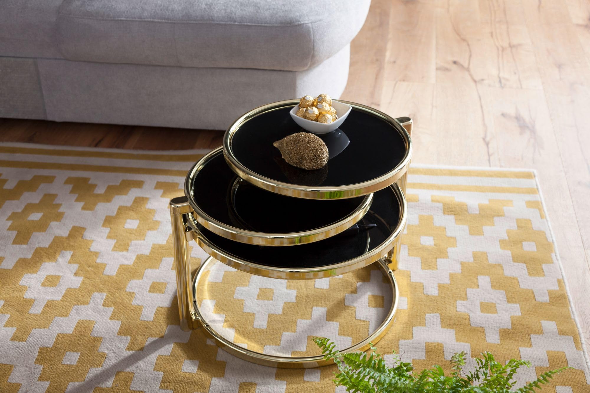 Wohnling Couchtisch 58x43x58 cm Glas Metall Schwarz Gold, 3 Tischplatten