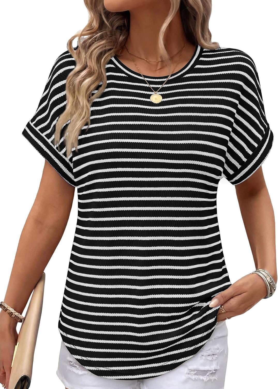 Sampeel Summer Tops for Women 2026 Trendy Rolled Short Sleeve Shirts Waffle Knit Crew Neck Tops Curved Hem Fashion Clothing