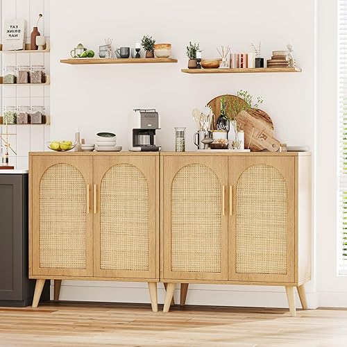 Miniatura 10 de Rovaurx Gabinete de almacenamiento de ratán con puertas, gabinete de piso de baño de acento, armario de buffet moderno para sala de estar, entrada,