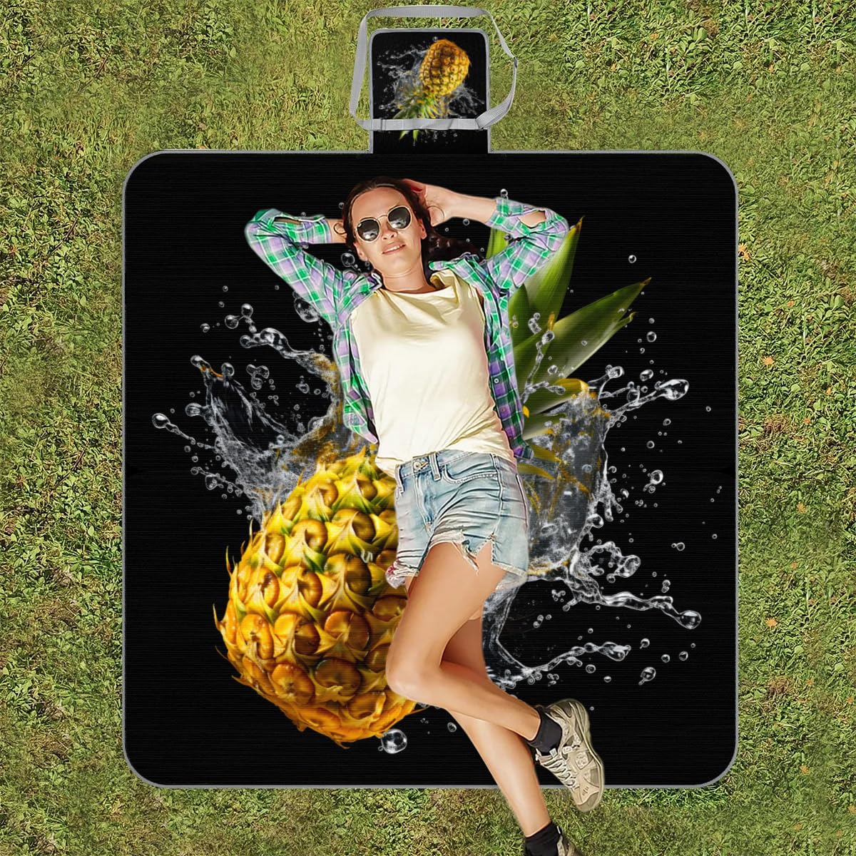 Manta de picnic de 150 x 145 cm, manta plegable de piña 3D para exteriores, impermeable, para playa, camping, senderismo, picnic