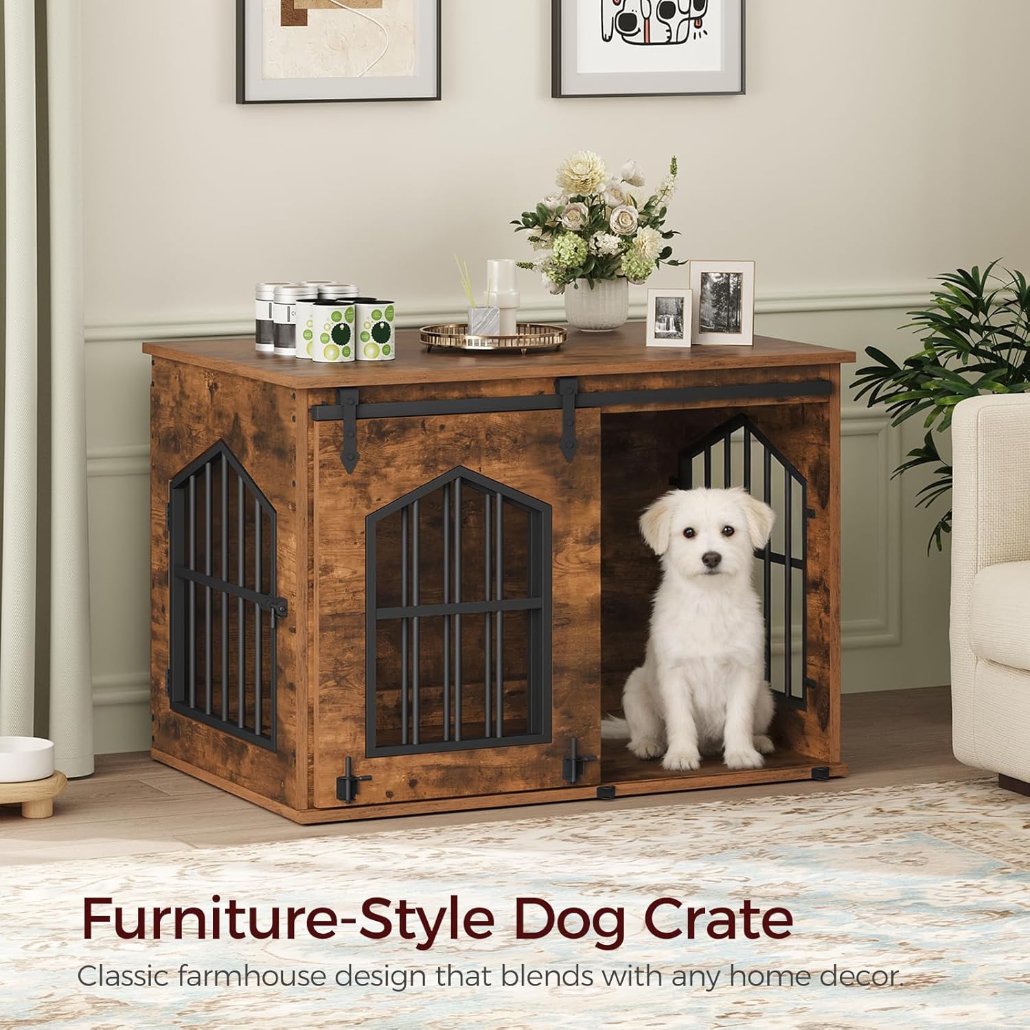 Dog Crate Furniture, 31.5" Farmhouse Dog Kennel with Sliding Barn Door, Wooden Dog Cage for Small Medium Dogs, Decorative Pet House Side End Table, Chew-Resistant, Rustic Brown DCHR9601