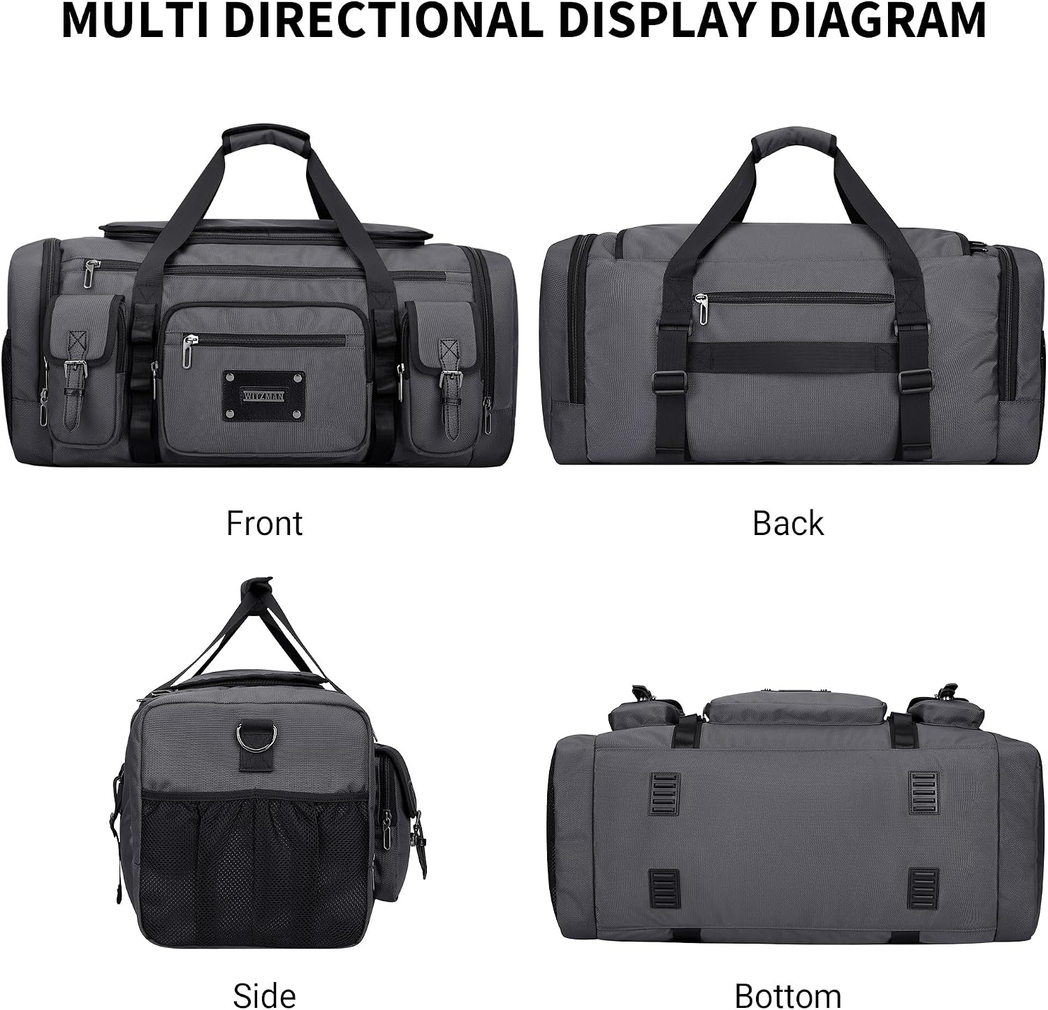 WITZMAN Duffle Bag for Men Large Carry On Weekender Bag 54L Nylon Duffle Gym Bags for Travel with Shoes Compartment(B717 Silvery Grey)