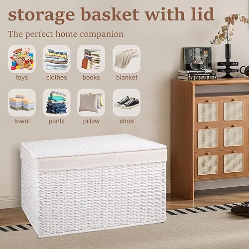 Miniatura 24 de OIAHOMY Cesta de almacenamiento con tapa, cesta de manta de 27.7 galones (105 L) con bolsa separada extraíble, cesta de cuerda de papel con asa