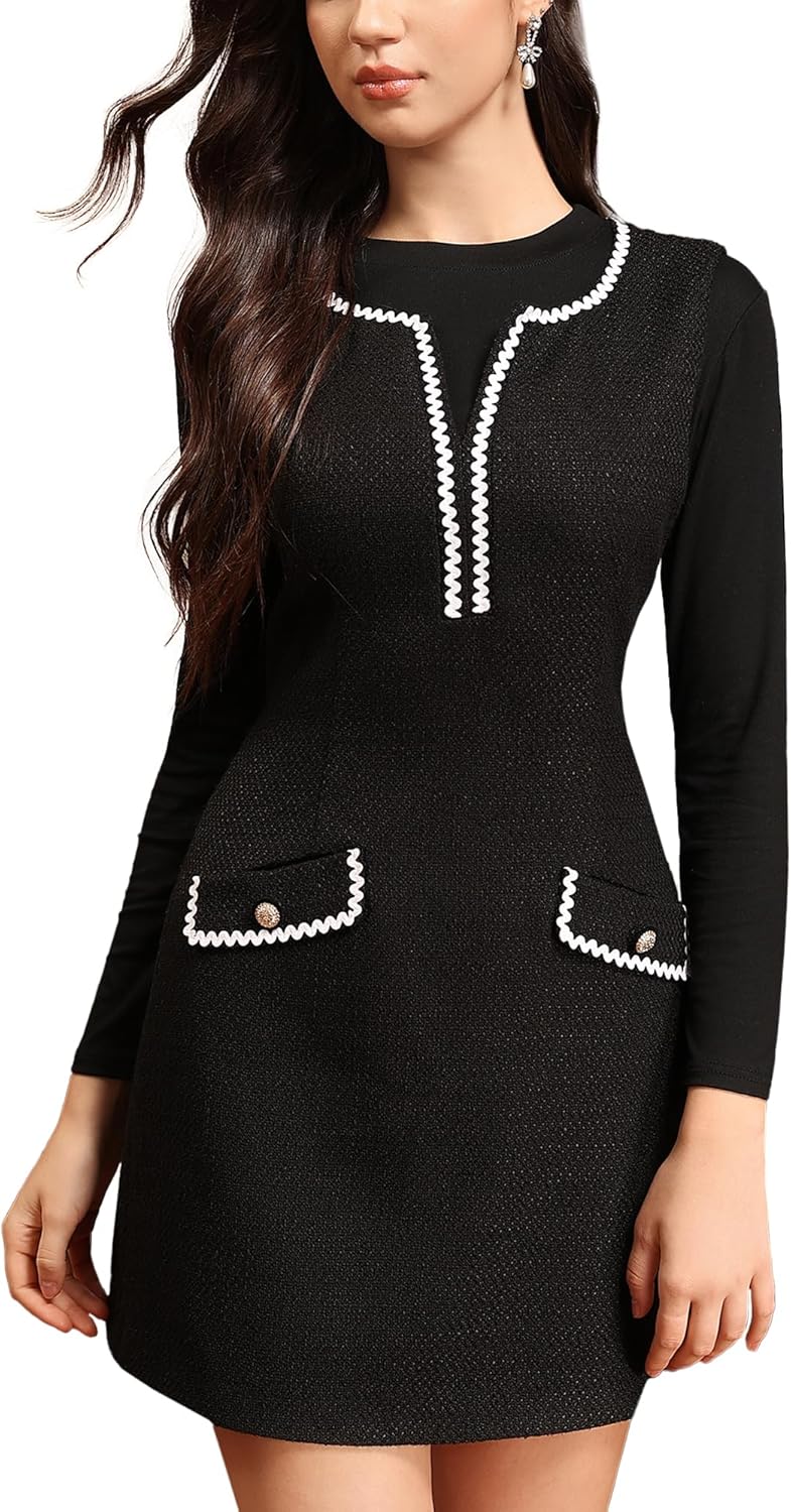 M.Infisavo 2026 Women Tweed Dress Spring Summer V Neck Sleeveless A Line Pockets Work Casual Jackie Dresses