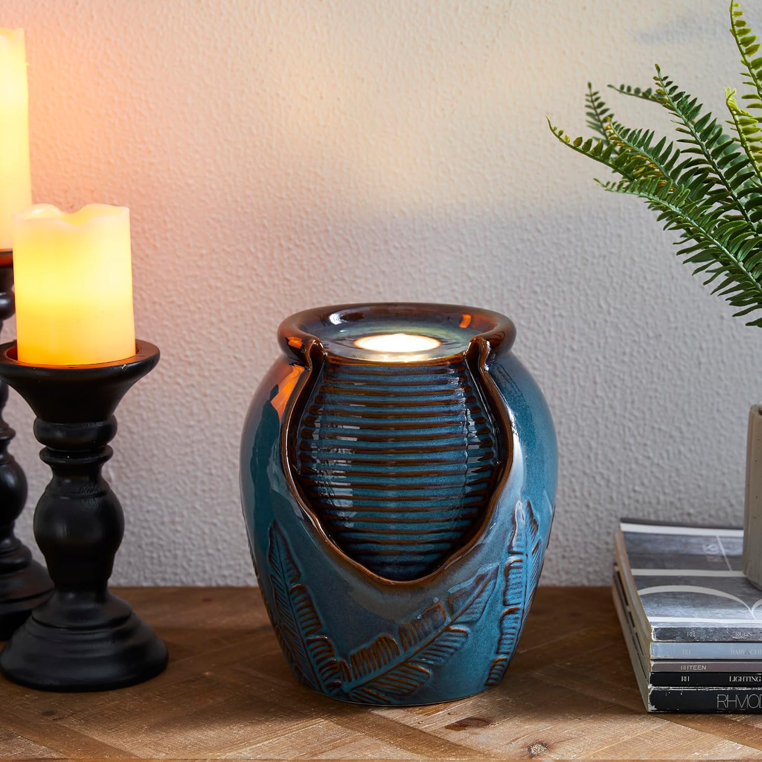 Glitzhome Tabletop Ceramic Jar Water Fountain with LED Light, Turquoise Leaf Textured Clay Pot Desktop Water Fountain, Decorative Zen Meditation Mini Waterfall for Home Office, 9.25”H