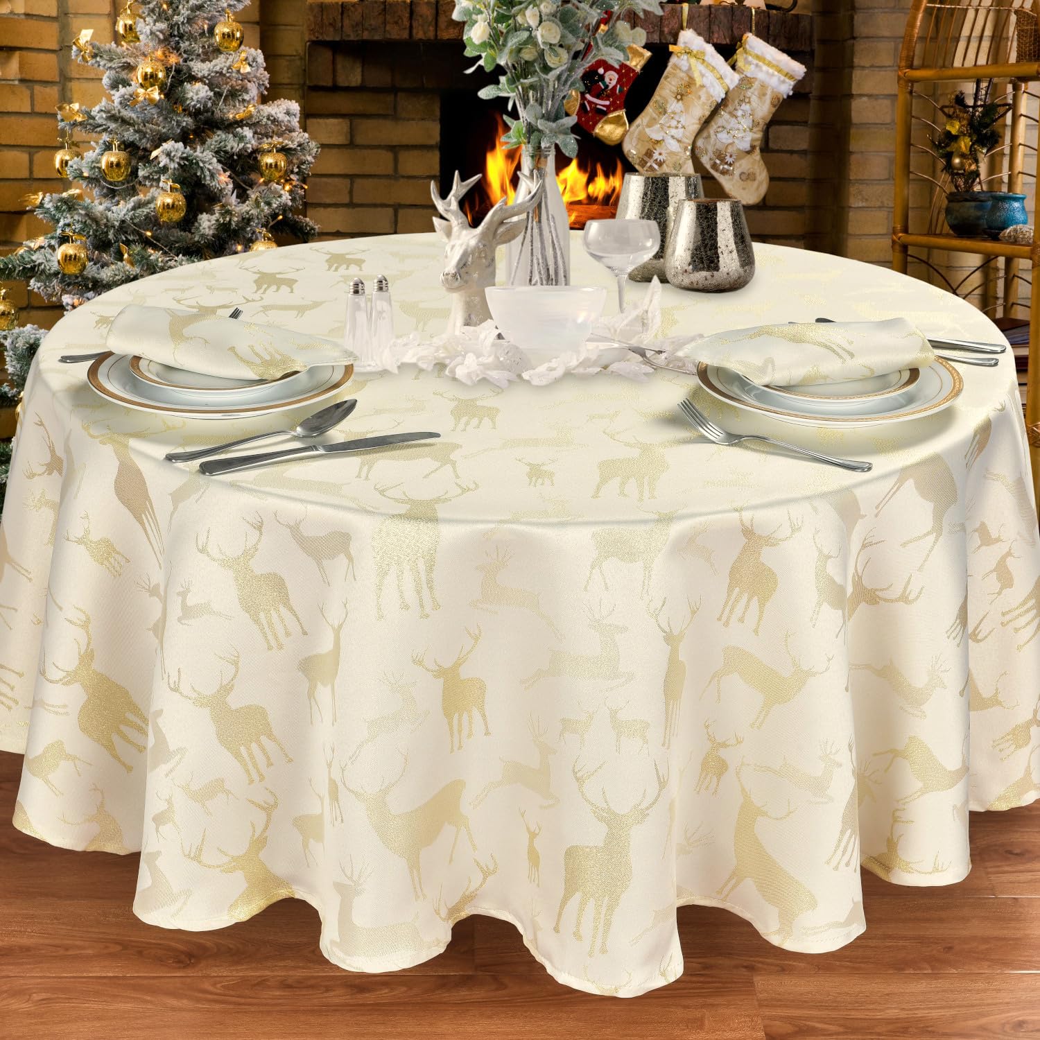 Kitchenwise Large Stag Cream Gold Christmas Table Cloth Range - Cream Gold Round / 70In